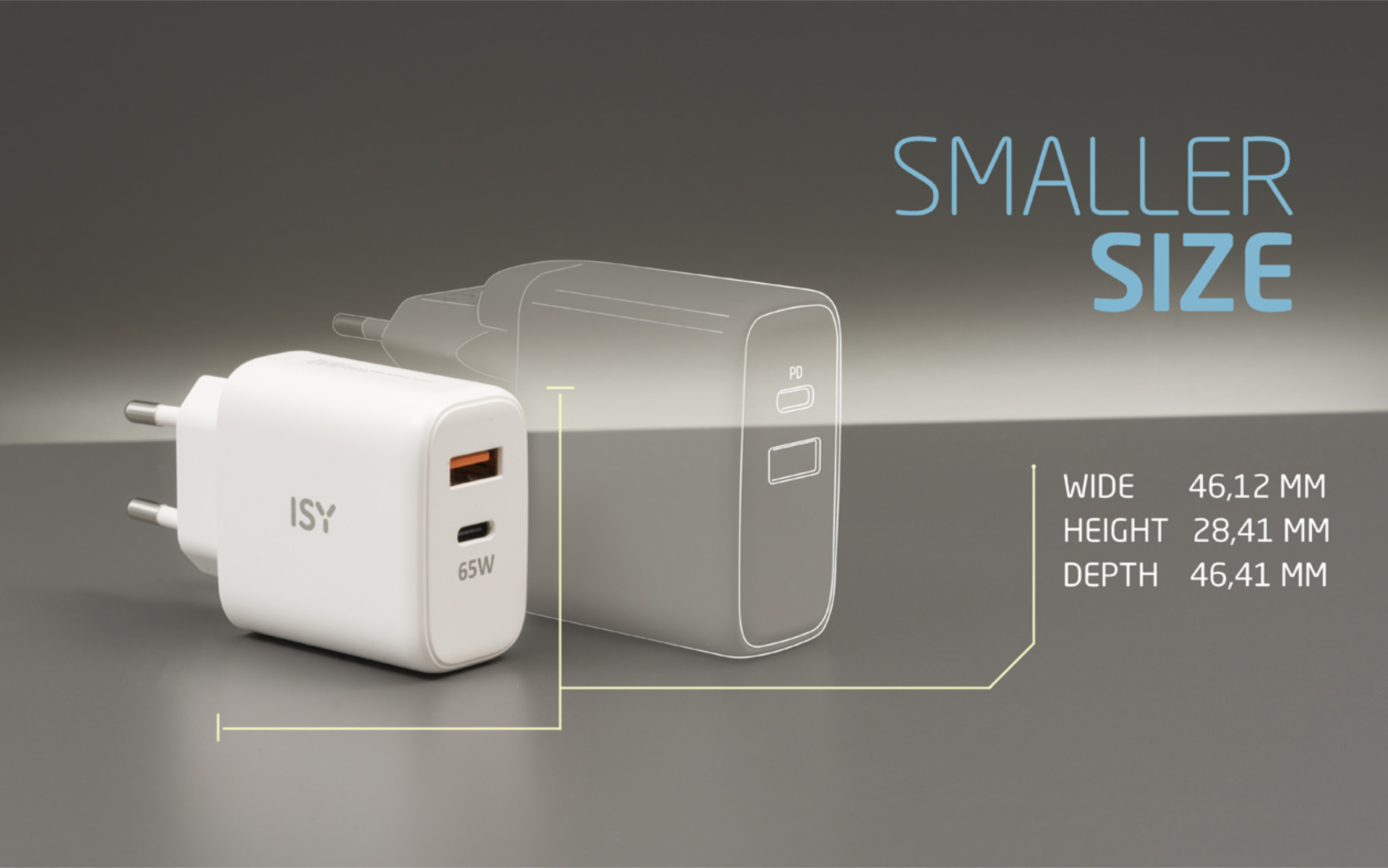 Biała ładowarka ISY z dwoma portami i wymiarami.