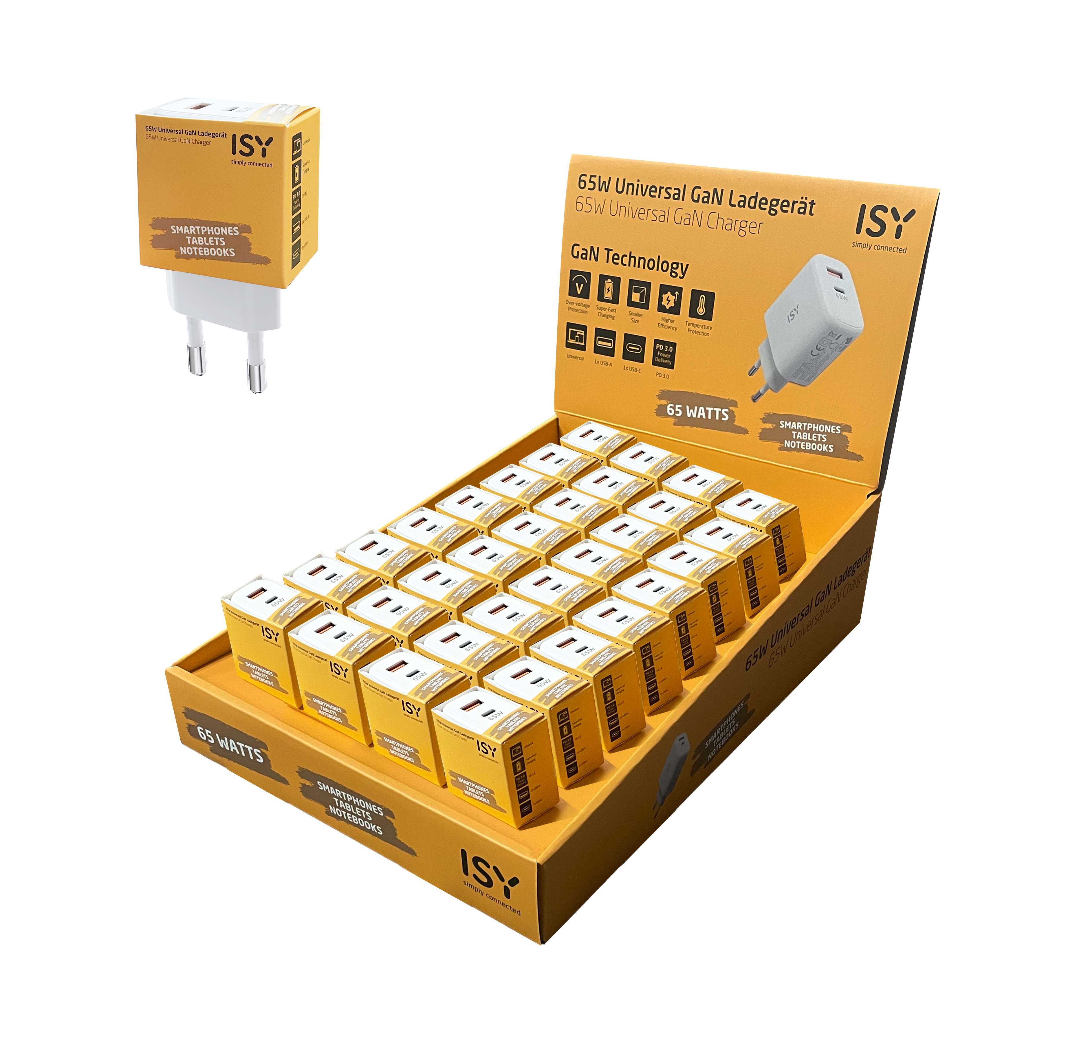 Ekspozycja z wieloma ładowarkami ISY 65W GaN. Jedna ładowarka z przodu.