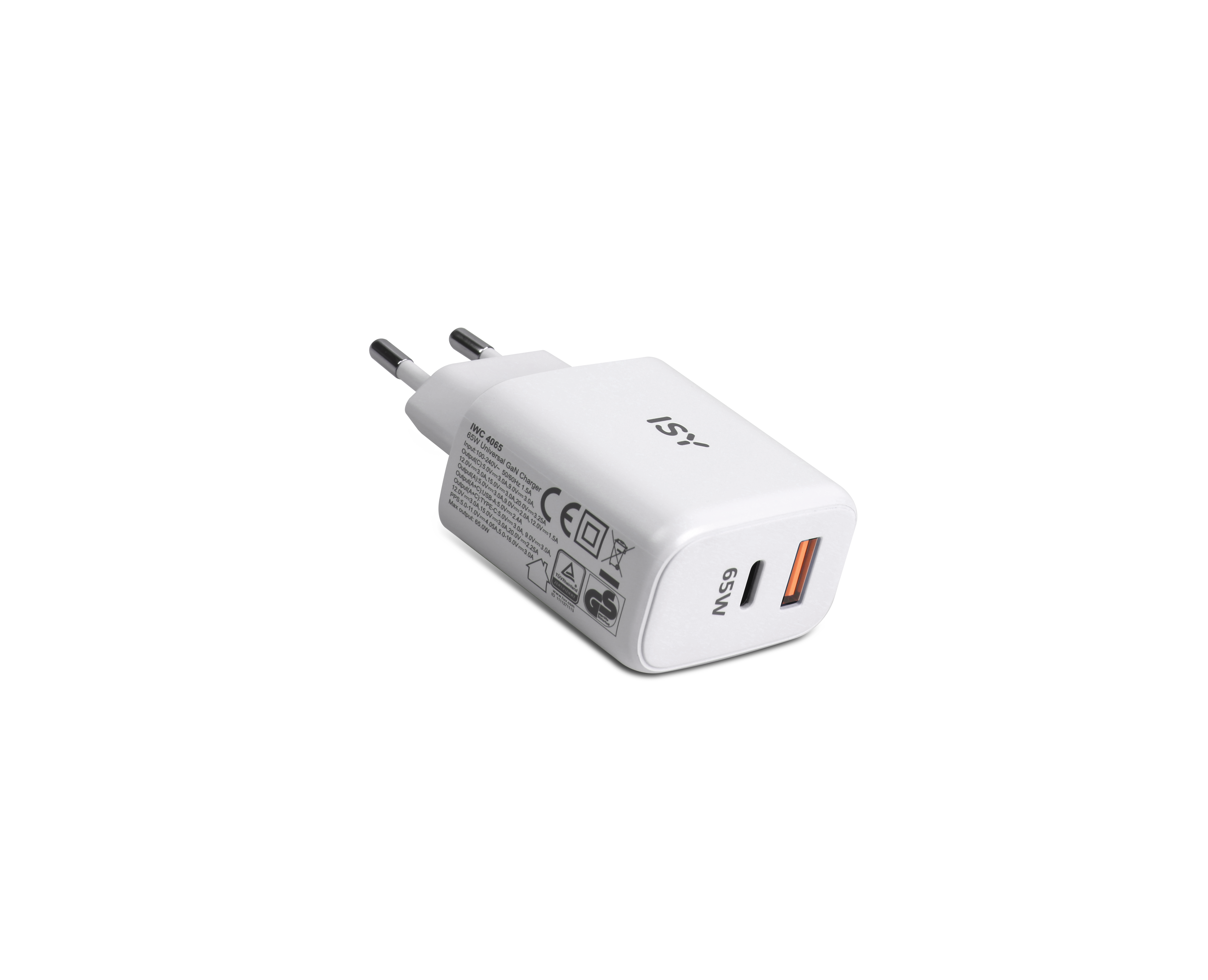Biała ładowarka ISY GaN 65W z dwoma portami USB.