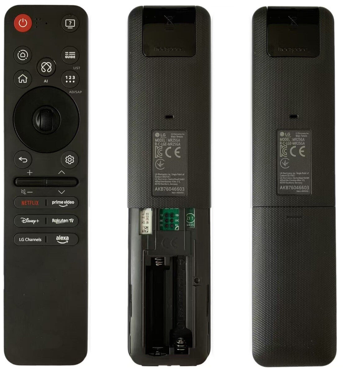 Fekete LG távirányító gombokkal, görgetőkerékkel és streaming app ikonokkal.