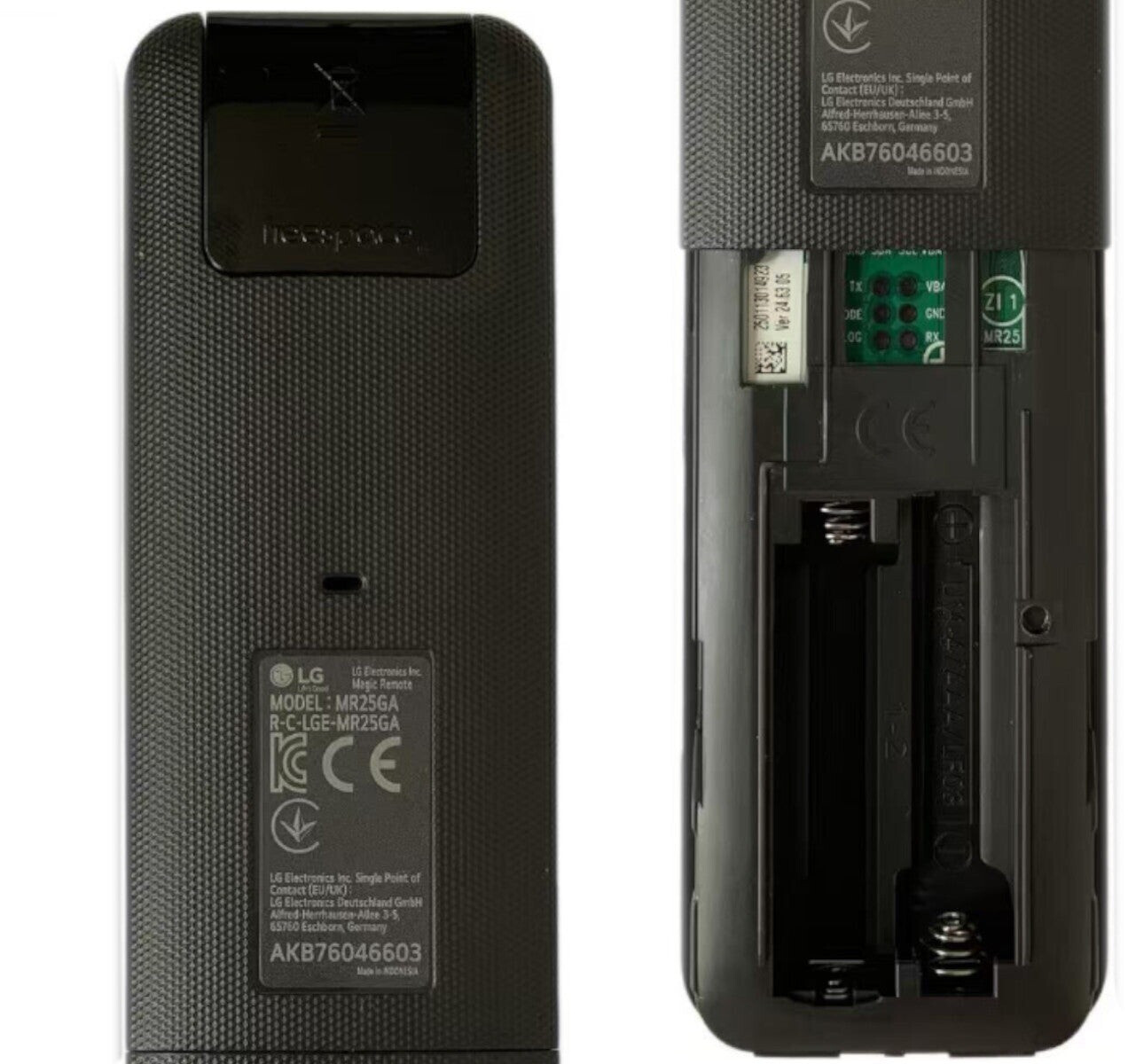 LG Magic Remote MR25GA hátoldala. Balon elölnézet, jobbon elemtartó.