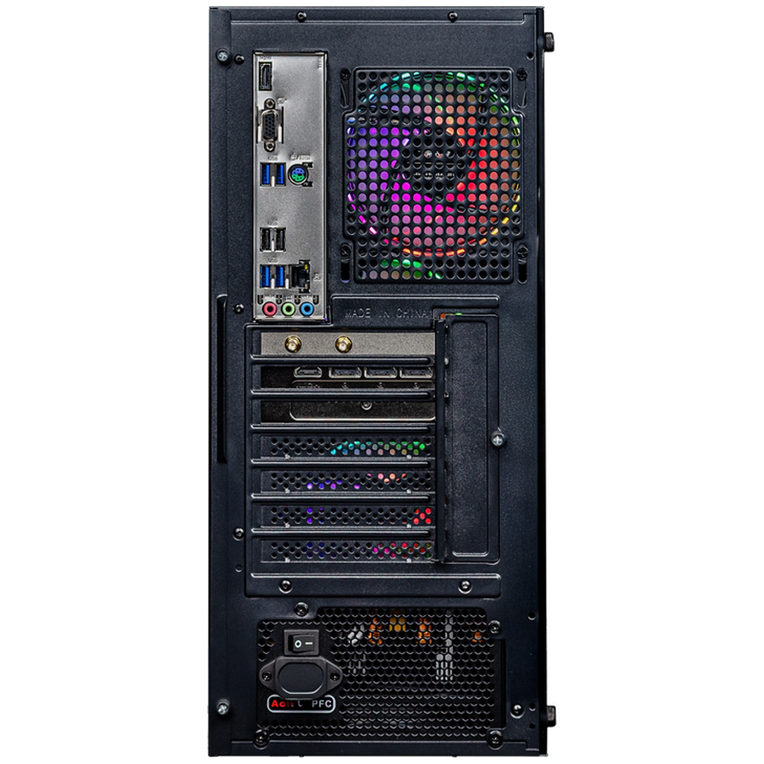 Arrière d'un boîtier de PC noir montrant les ports, le ventilateur et l'alimentation.