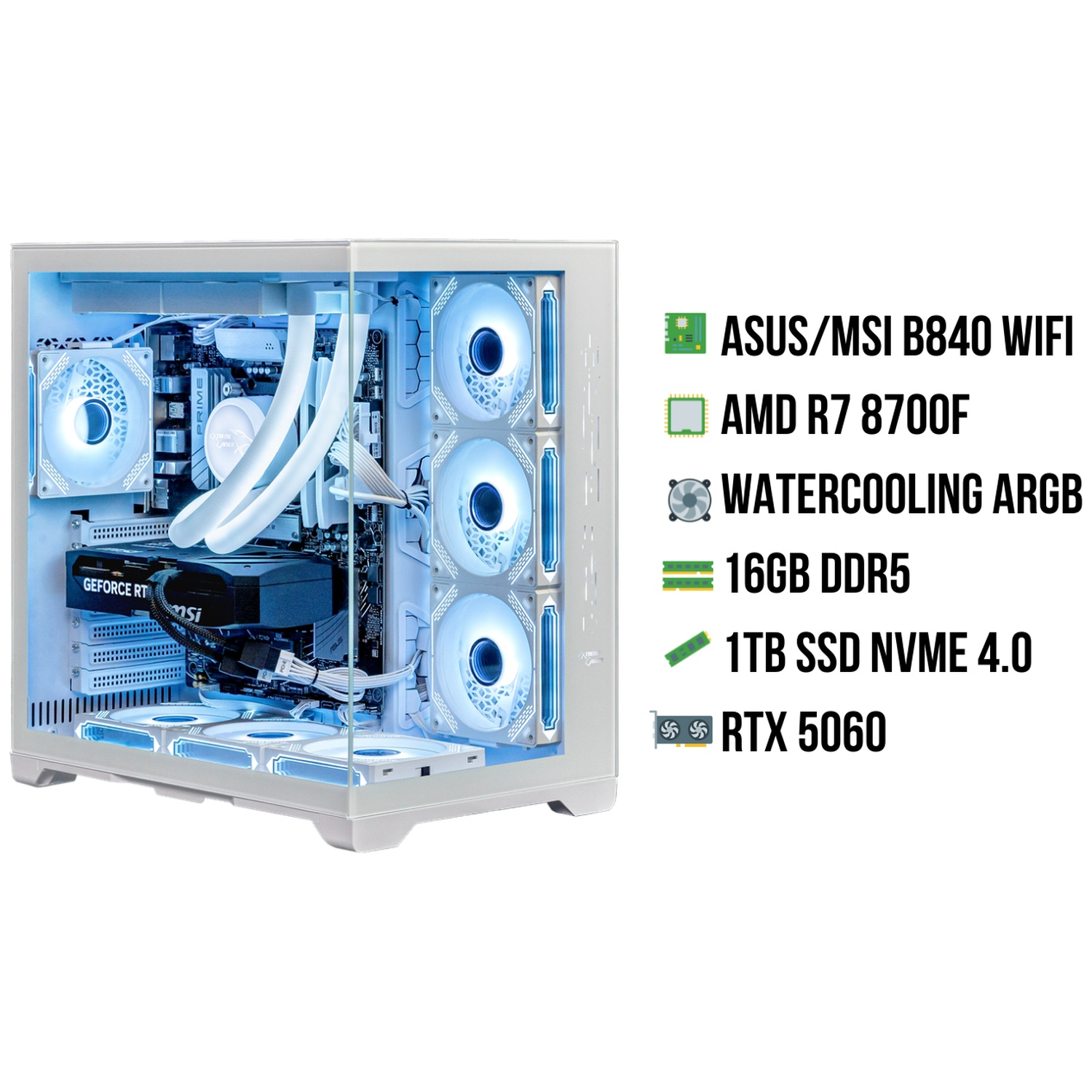 Boîtier PC blanc avec ventilateurs ARGB bleus, watercooling et liste de composants.