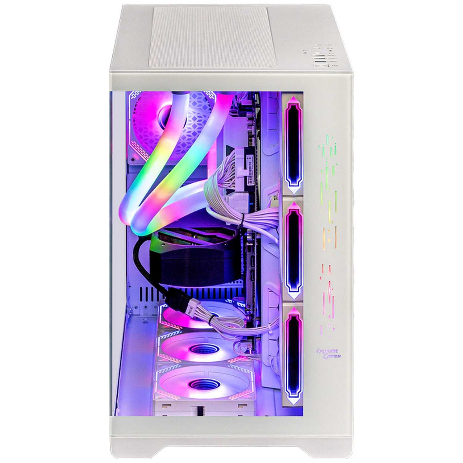 Un boîtier PC blanc avec éclairage RGB, ventilateurs et tubes de watercooling.