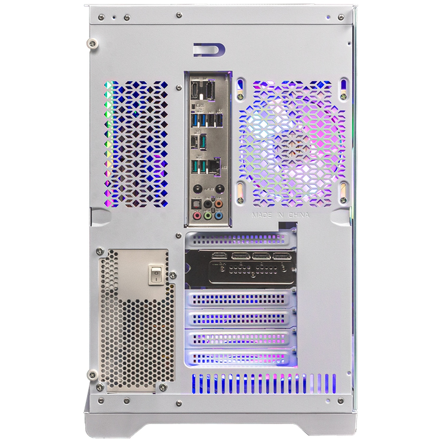 Vue arrière d'un boîtier PC blanc montrant les ports et l'éclairage RVB coloré.