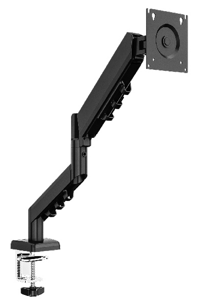 Czarny uchwyt na monitor z zaciskiem biurkowym i mocowaniem VESA.