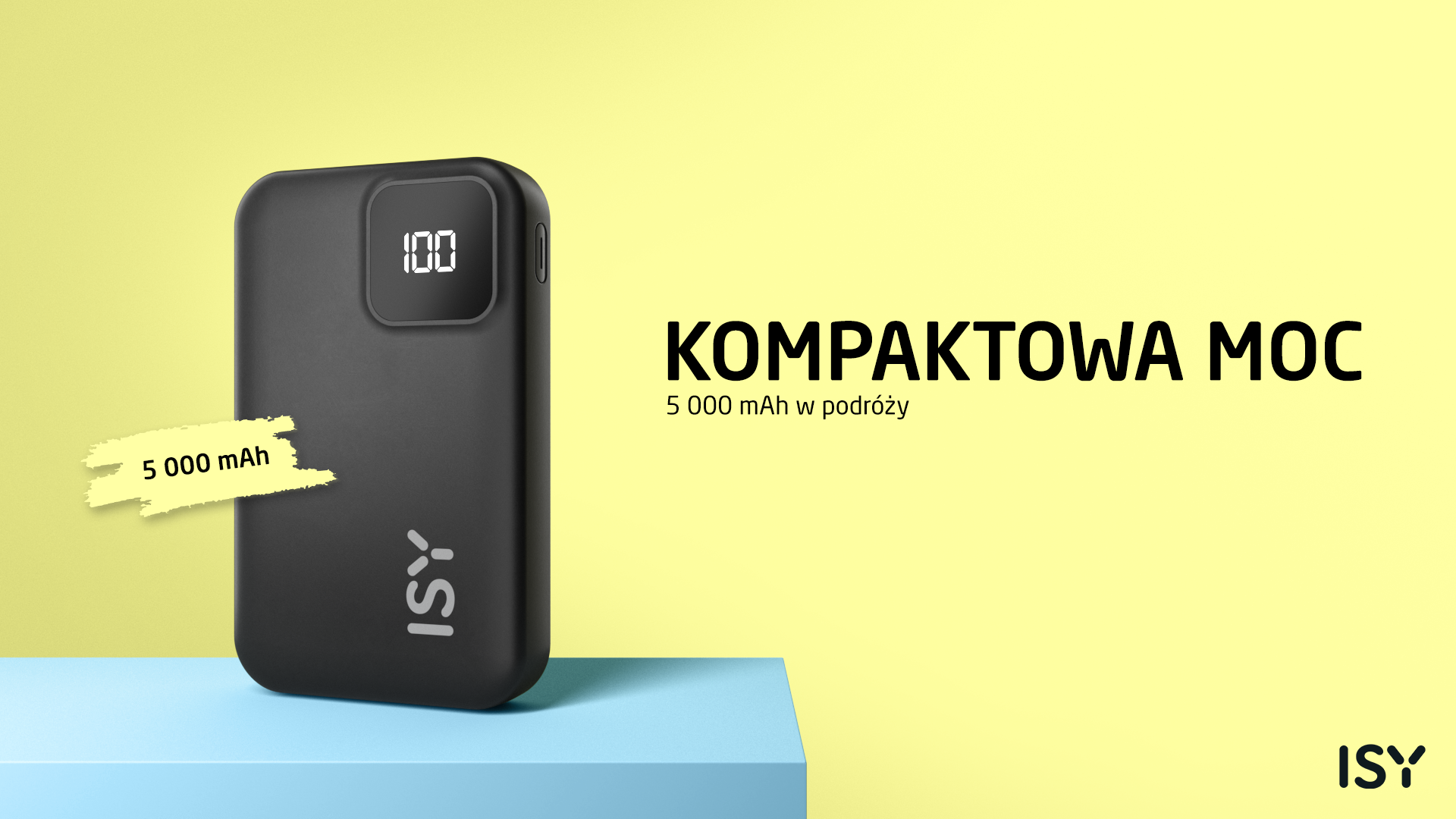 Czarna ładowarka ISY 5000 mAh z cyfrowym wyświetlaczem. Żółte tło.