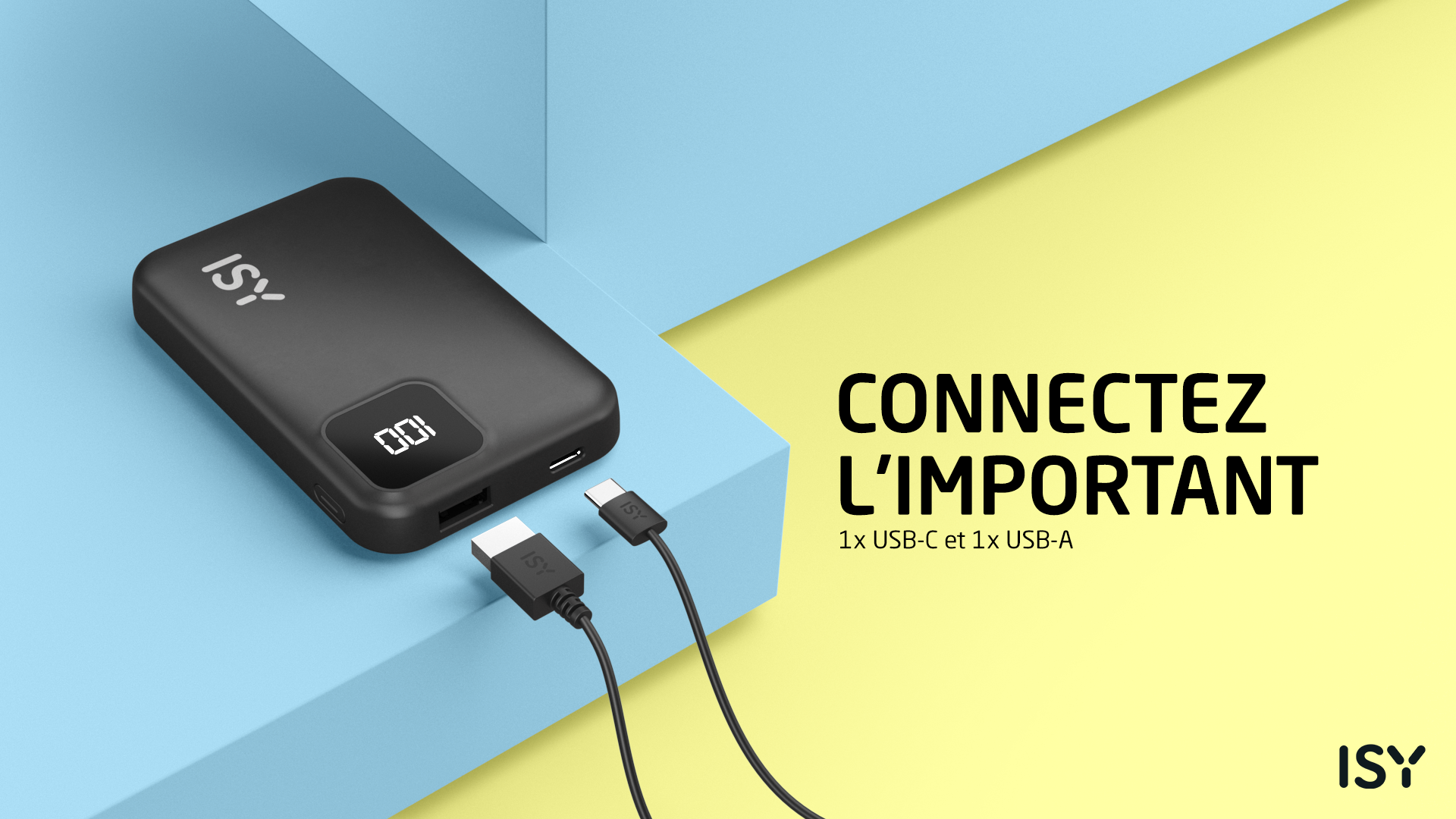 Czarna power bank ISY z kablami, na niebieskim i żółtym tle.