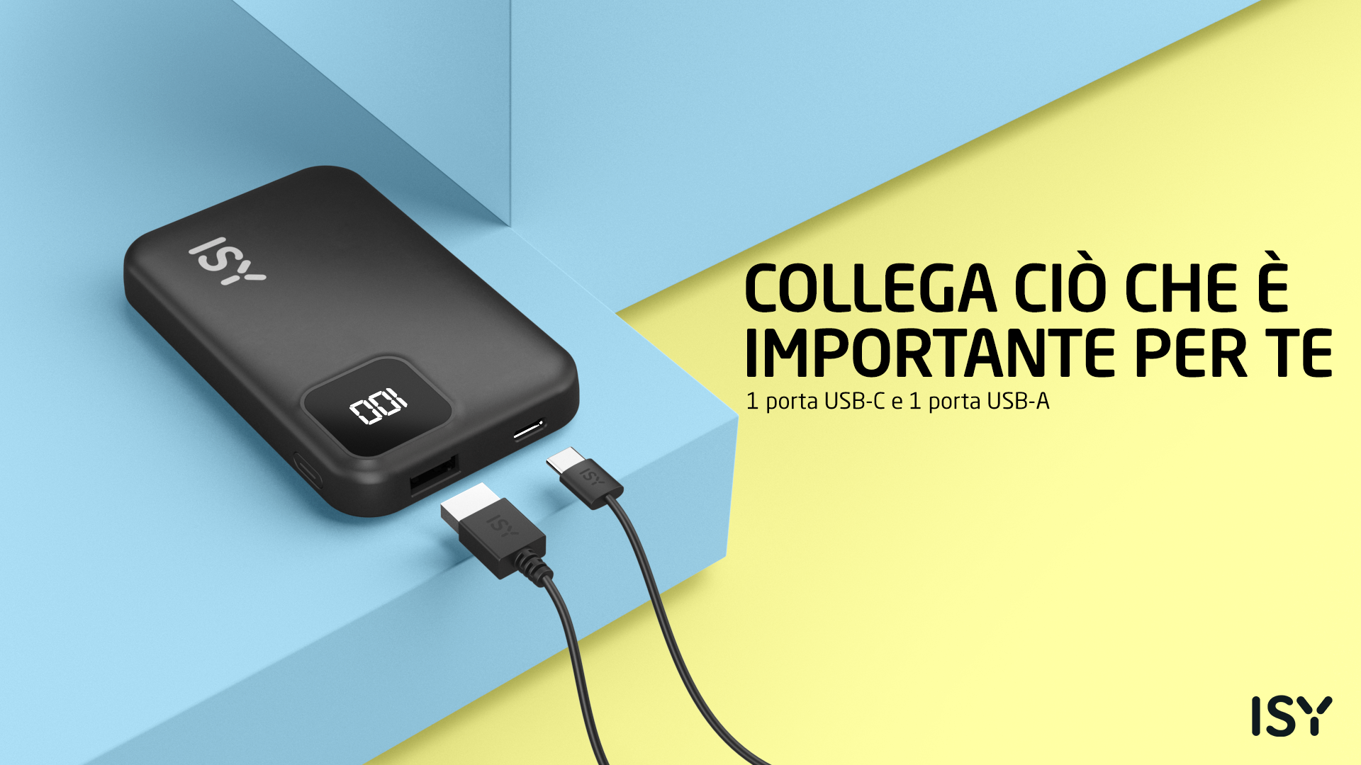 Czarny power bank ISY z kablami na niebiesko-żółtym tle.