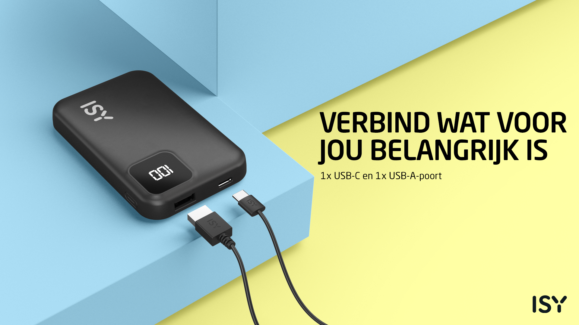 Czarna power bank ISY z kablami na niebiesko-żółtym tle.