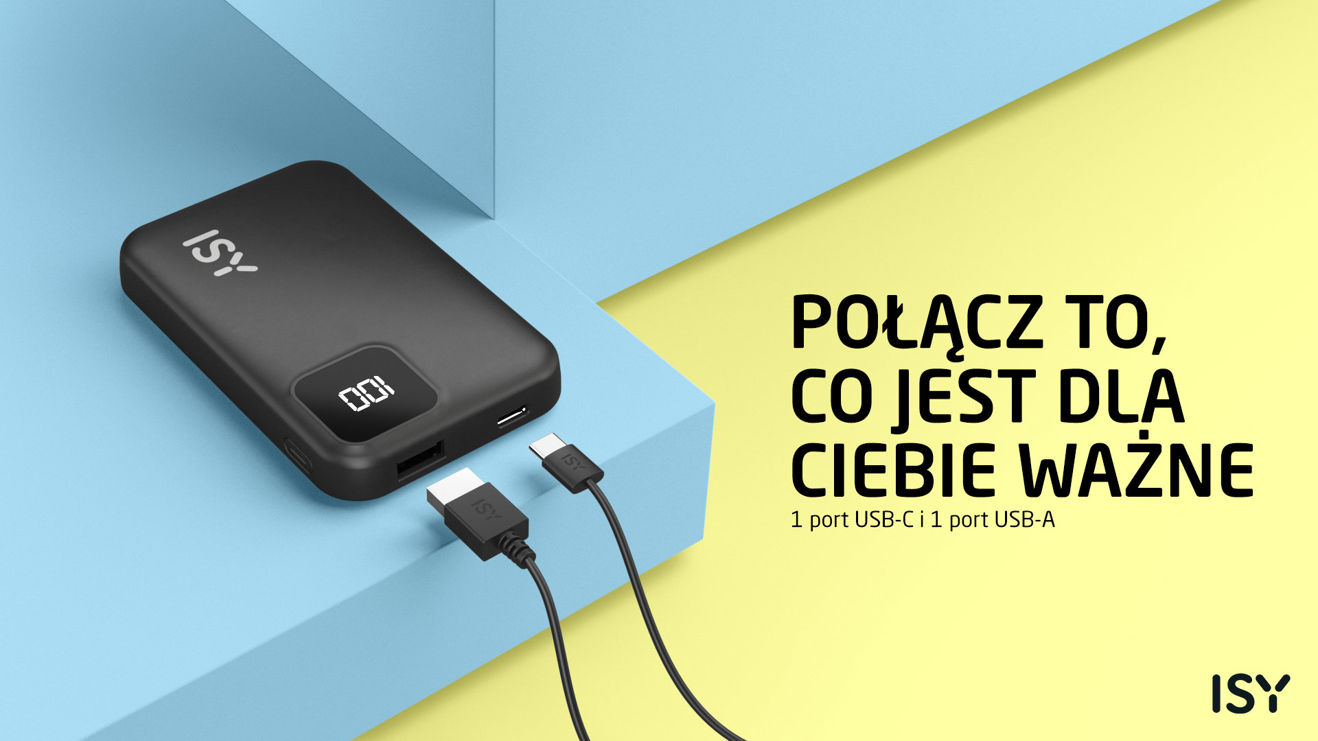 Czarny powerbank ISY z kablami i wyświetlaczem 100%. Niebieskie i żółte tło.