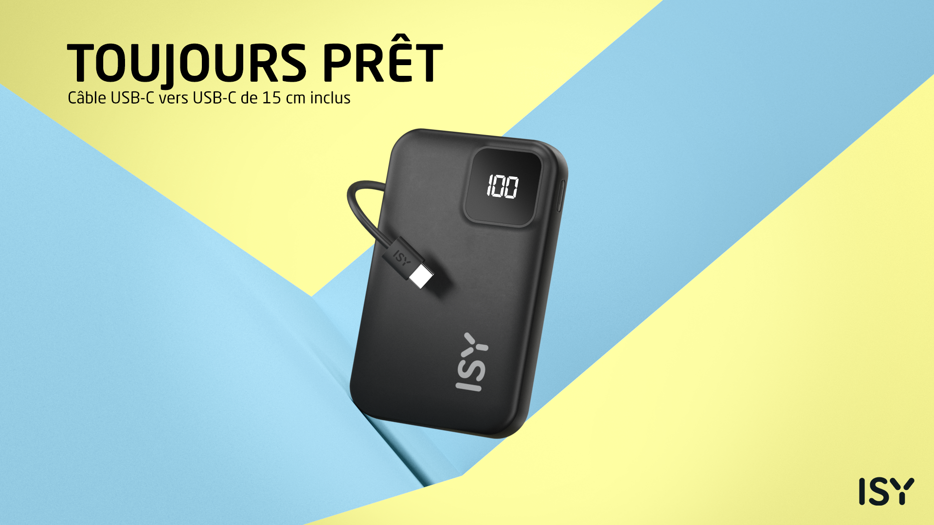 Czarna powerbanka ISY z cyfrowym wyświetlaczem pokazującym '100'.