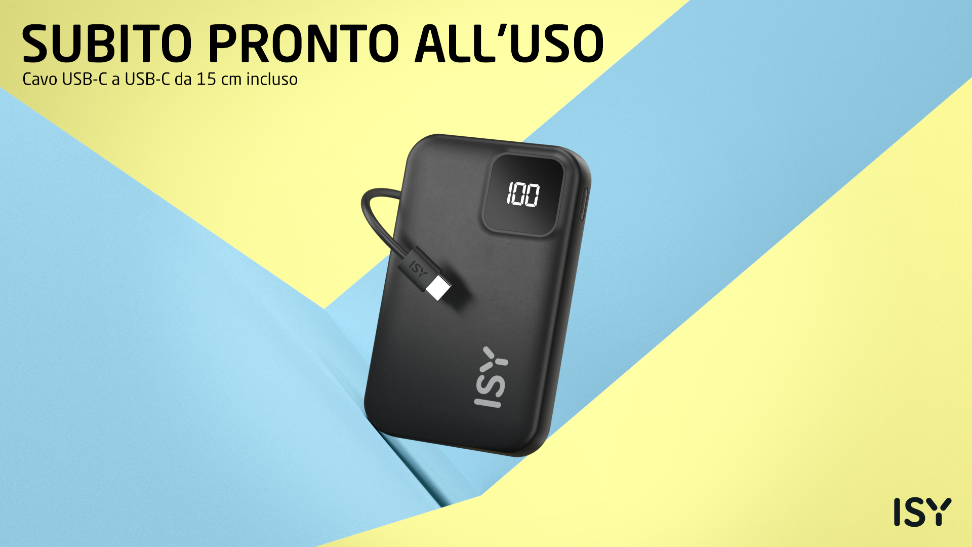 Czarna ładowarka ISY z kablem USB-C i wyświetlaczem 100%.