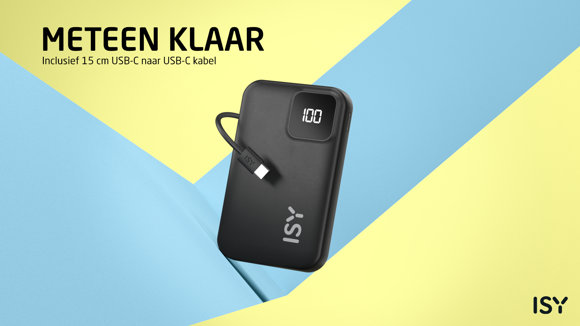 Czarny power bank ISY z kablem USB-C i wskaźnikiem 100%.