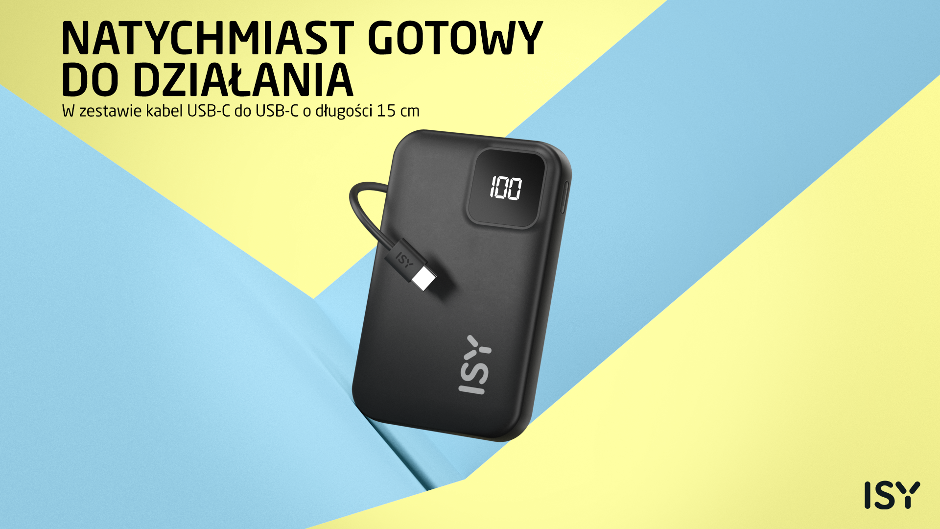 Czarna ładowarka ISY z kablem USB-C. Wyświetlacz 100%. Żółto-niebieskie tło.