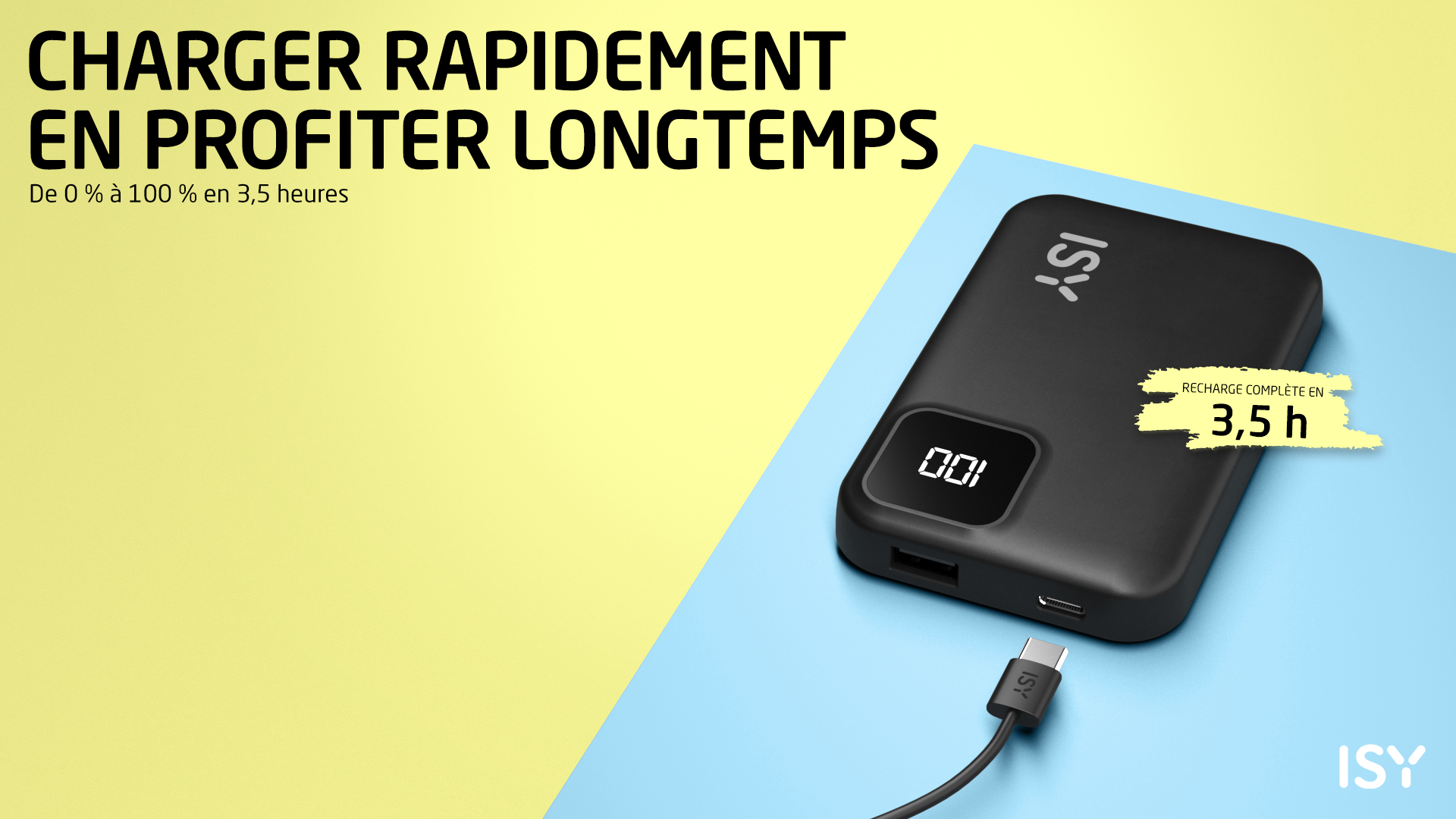 Czarna power bank ISY z kablem, pełne naładowanie w 3,5h.