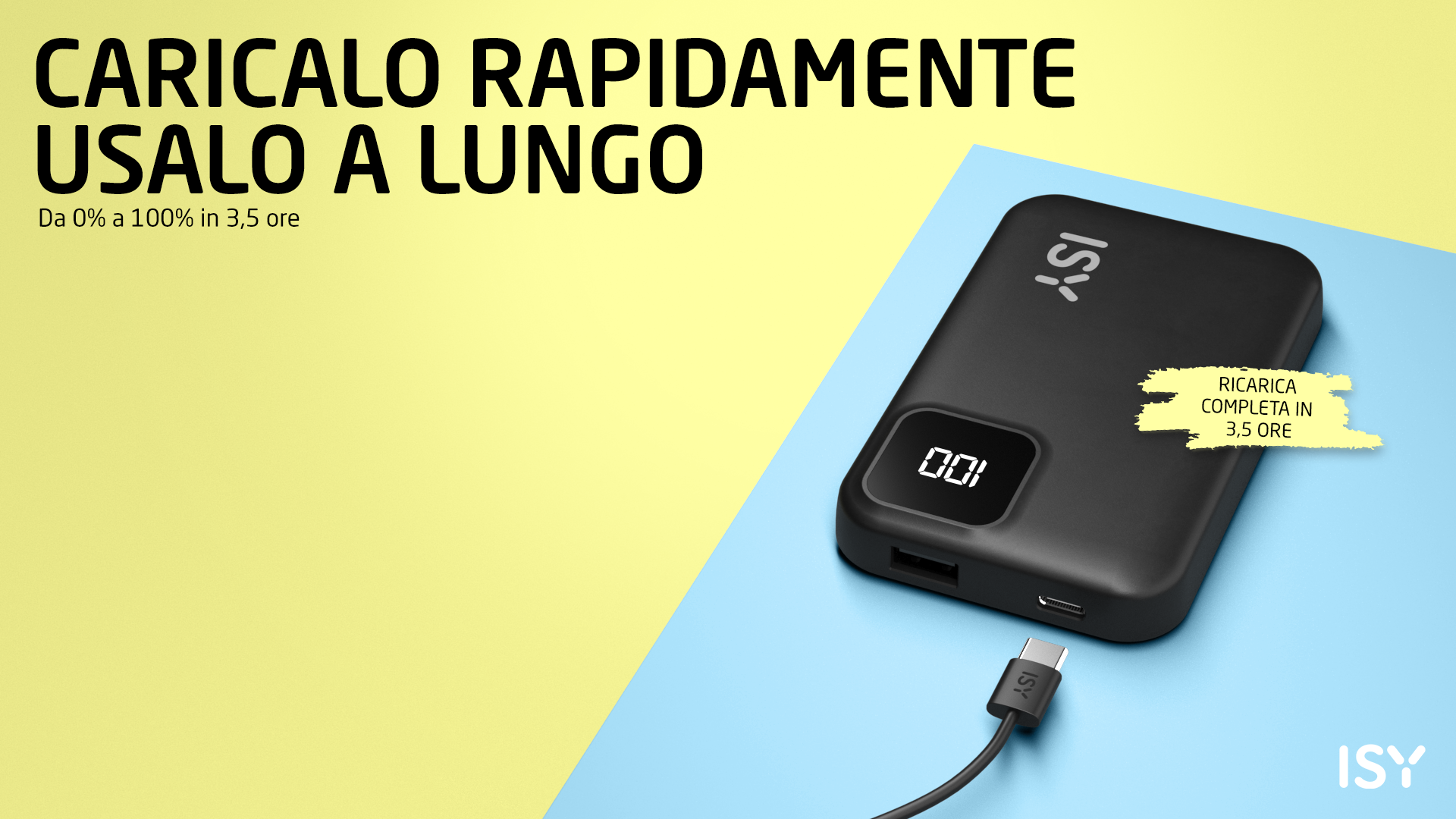 Czarna power bank ISY z kablem USB-C na niebiesko-żółtym tle.