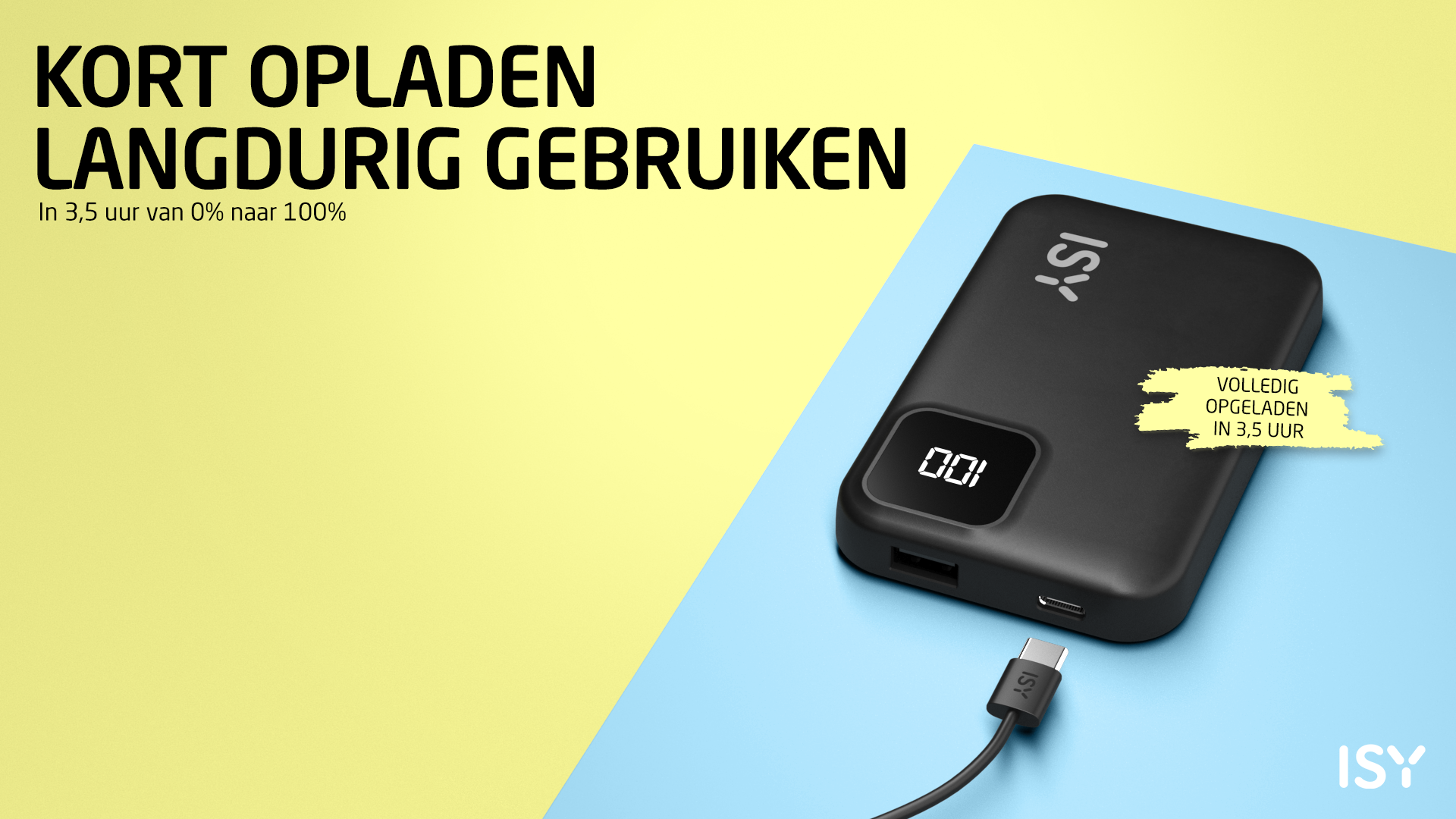 Czarny power bank ISY ze wskaźnikiem naładowania 100% i kablem USB-C.