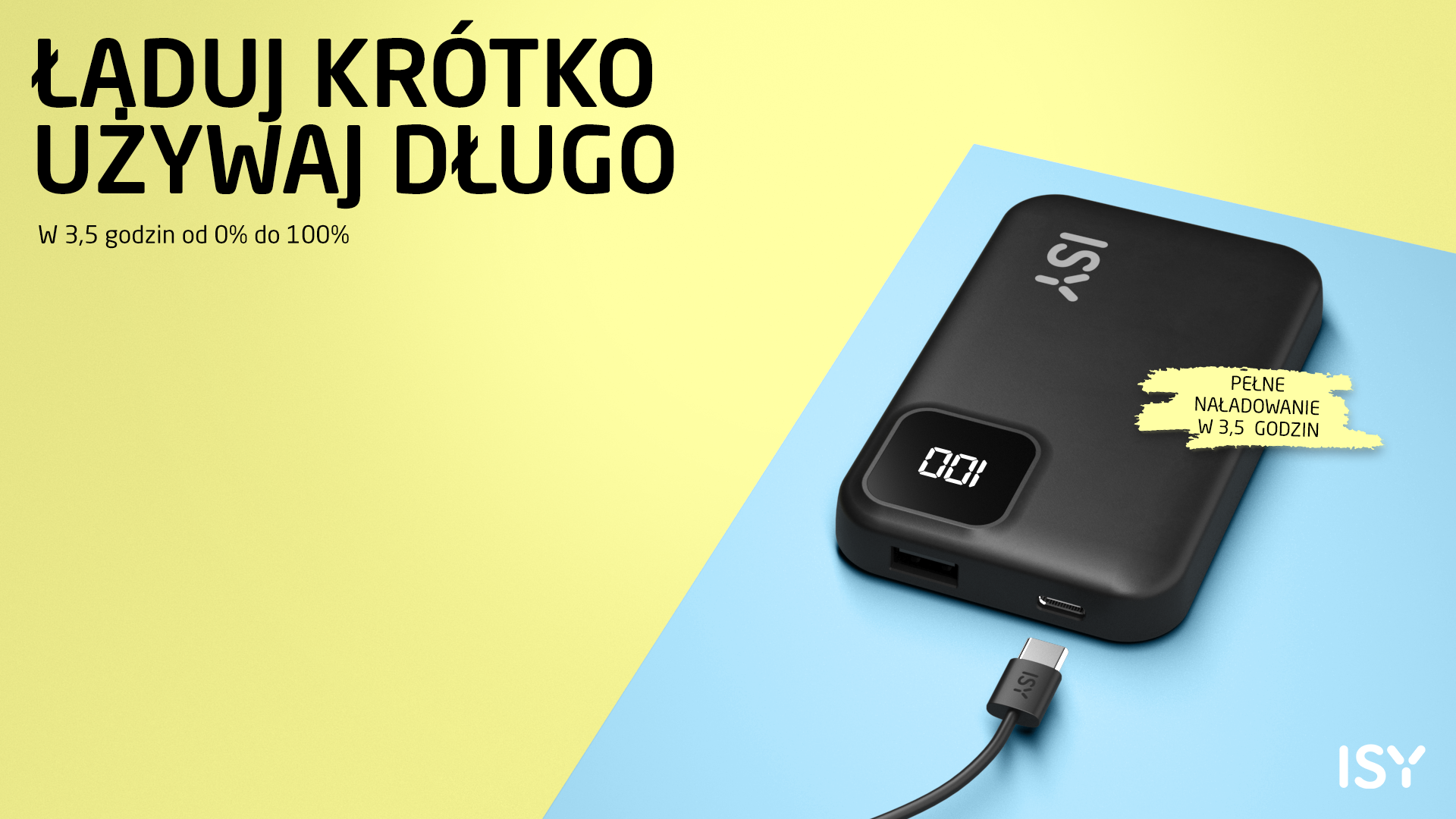 Czarny power bank ISY z kablem i wyświetlaczem na niebieskim i żółtym tle.