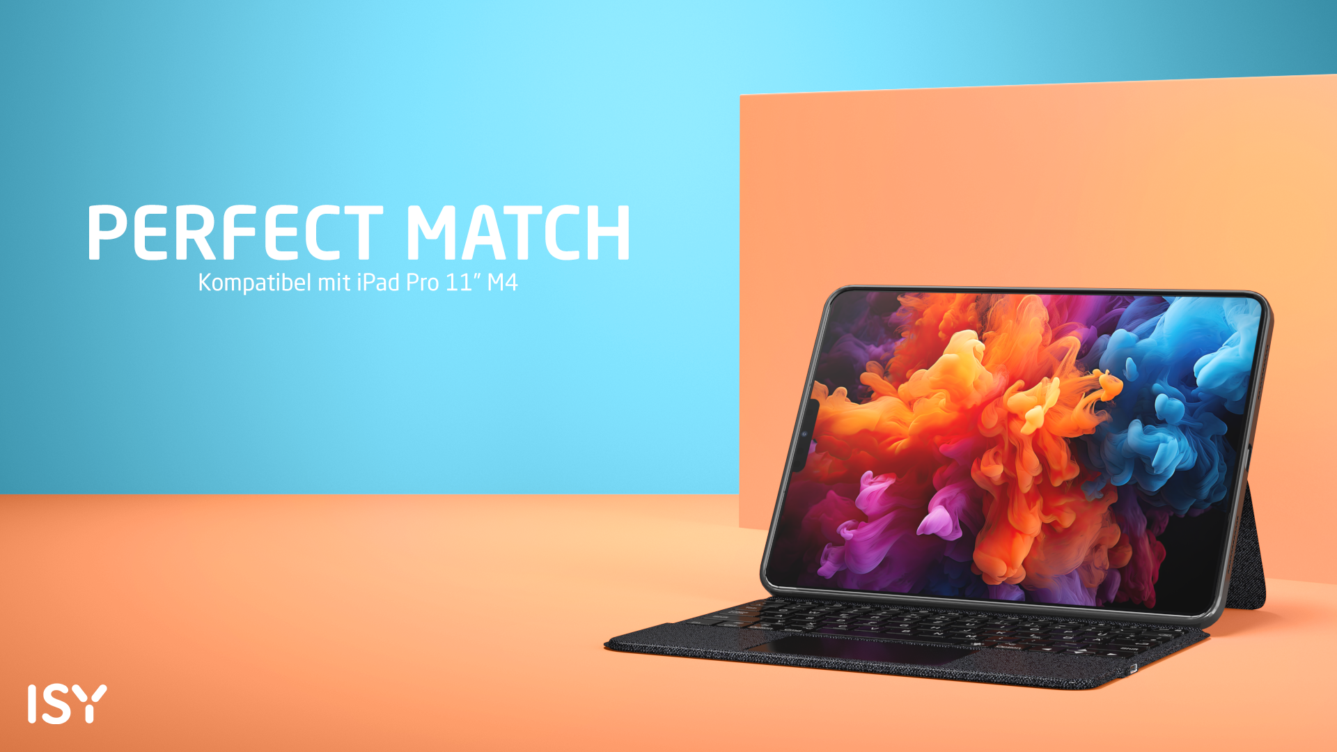 Ein Tablet mit Tastatur und buntem Hintergrundbild steht auf einem orangefarbenen Untergrund.