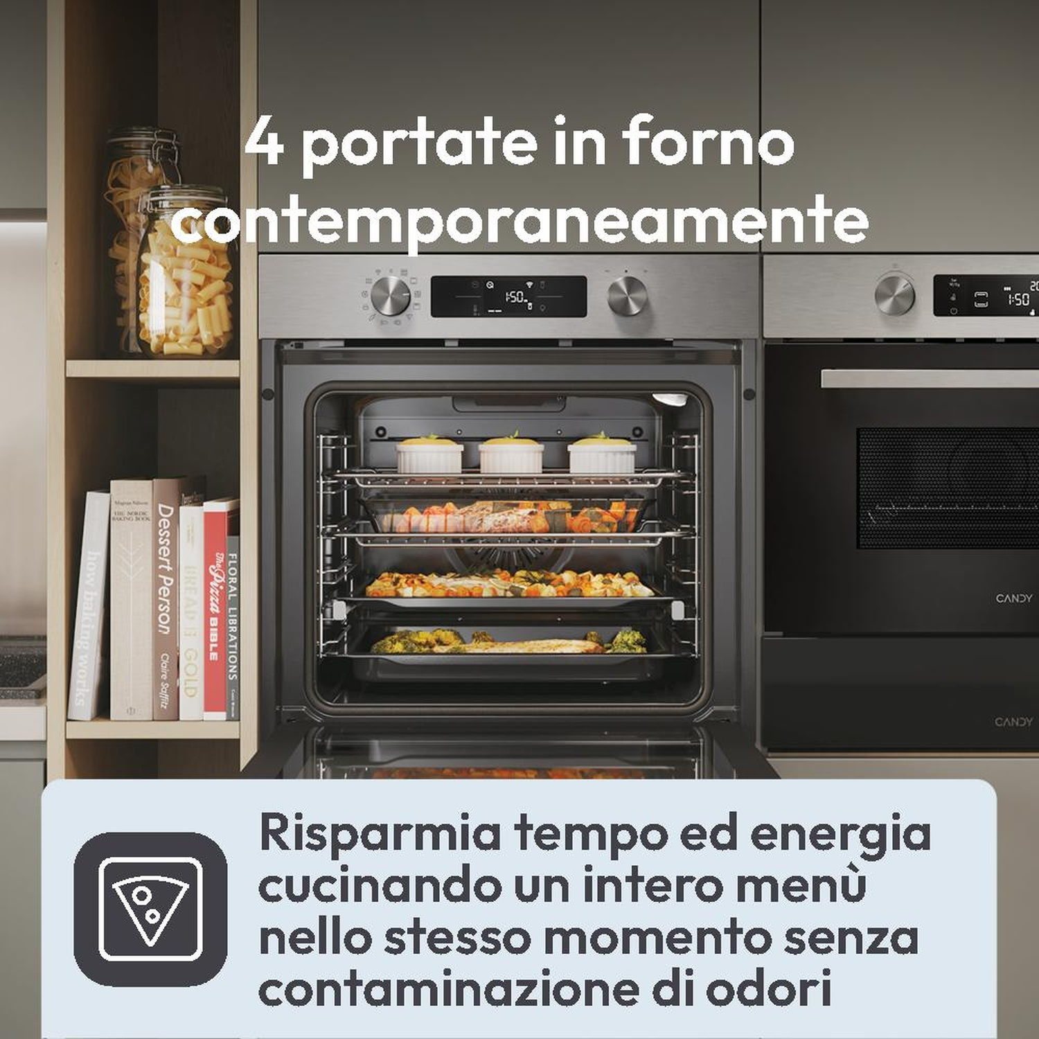Forno moderno a quattro livelli cuoce contemporaneamente. Accanto un forno nero.