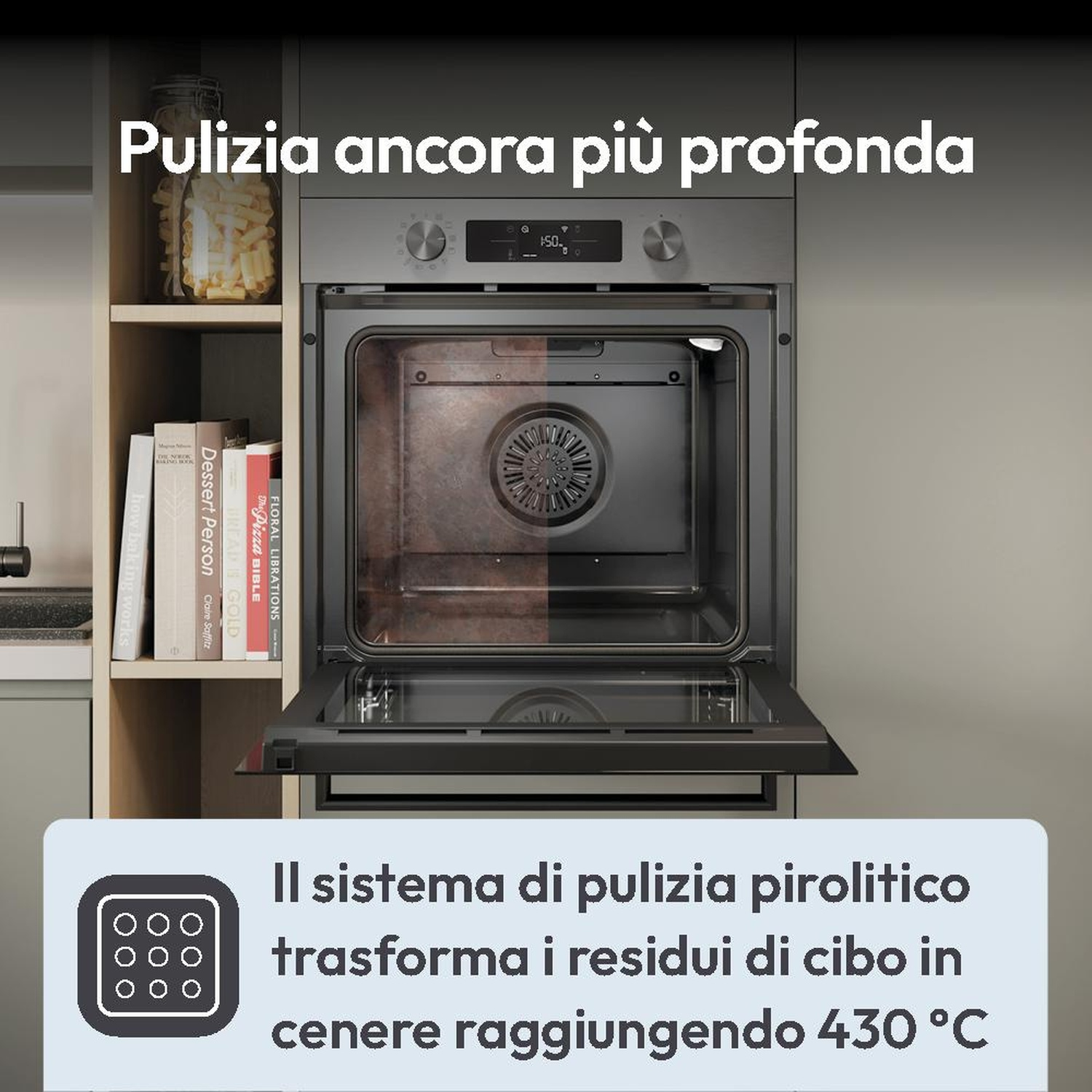 Un forno mostra un interno semi-pulito, con libri e barattoli vicini.