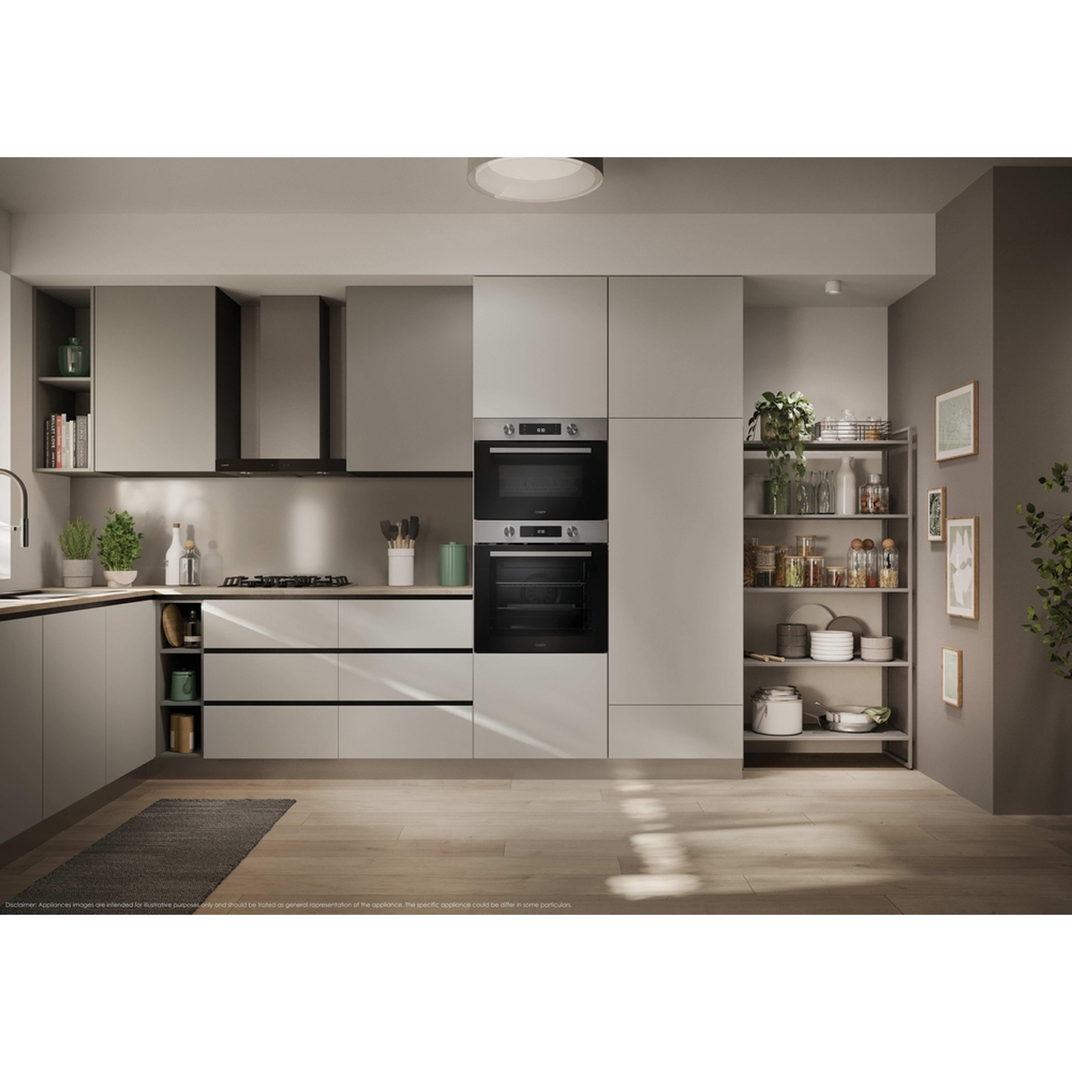 Moderna cucina grigia con doppio forno, piano cottura a gas e scaffali.