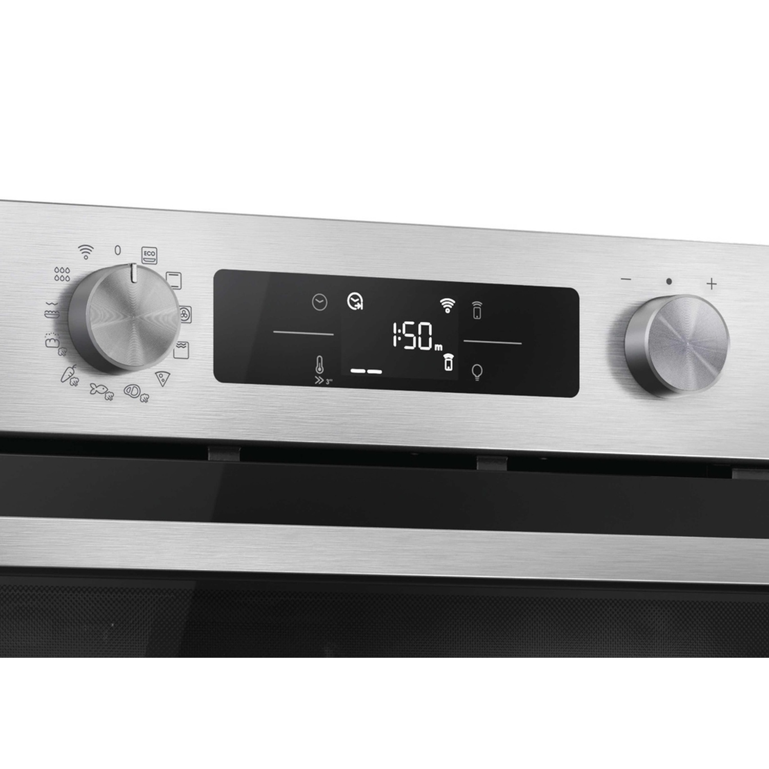 Frontale forno in acciaio inox con manopole e display digitale. Mostra 1:50.