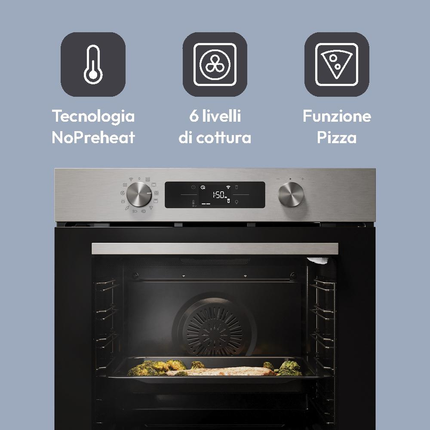 Forno moderno con porta aperta. Cibo su teglia. Icone: NoPreheat, 6 livelli cottura, funzione Pizza.