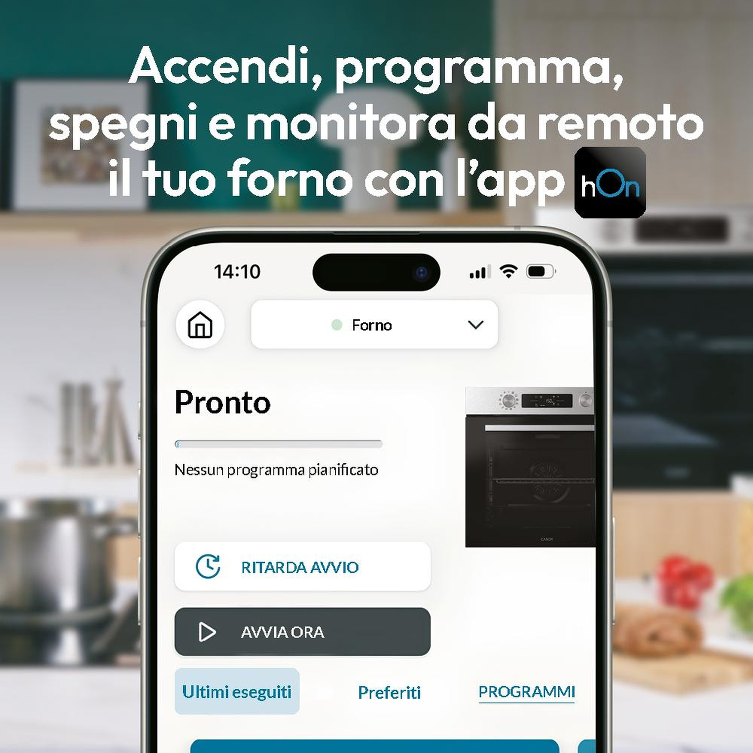 Uno smartphone mostra un'app per forno con opzioni per controllarlo.