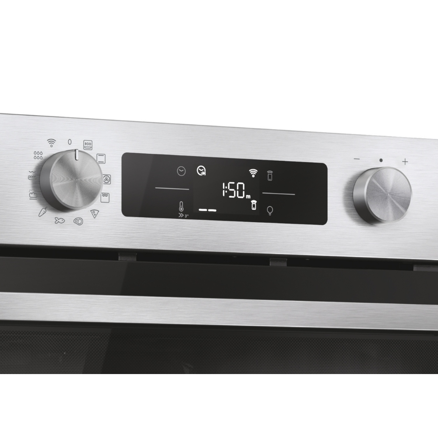 Primo piano del pannello di controllo di un forno con due manopole e display digitale.