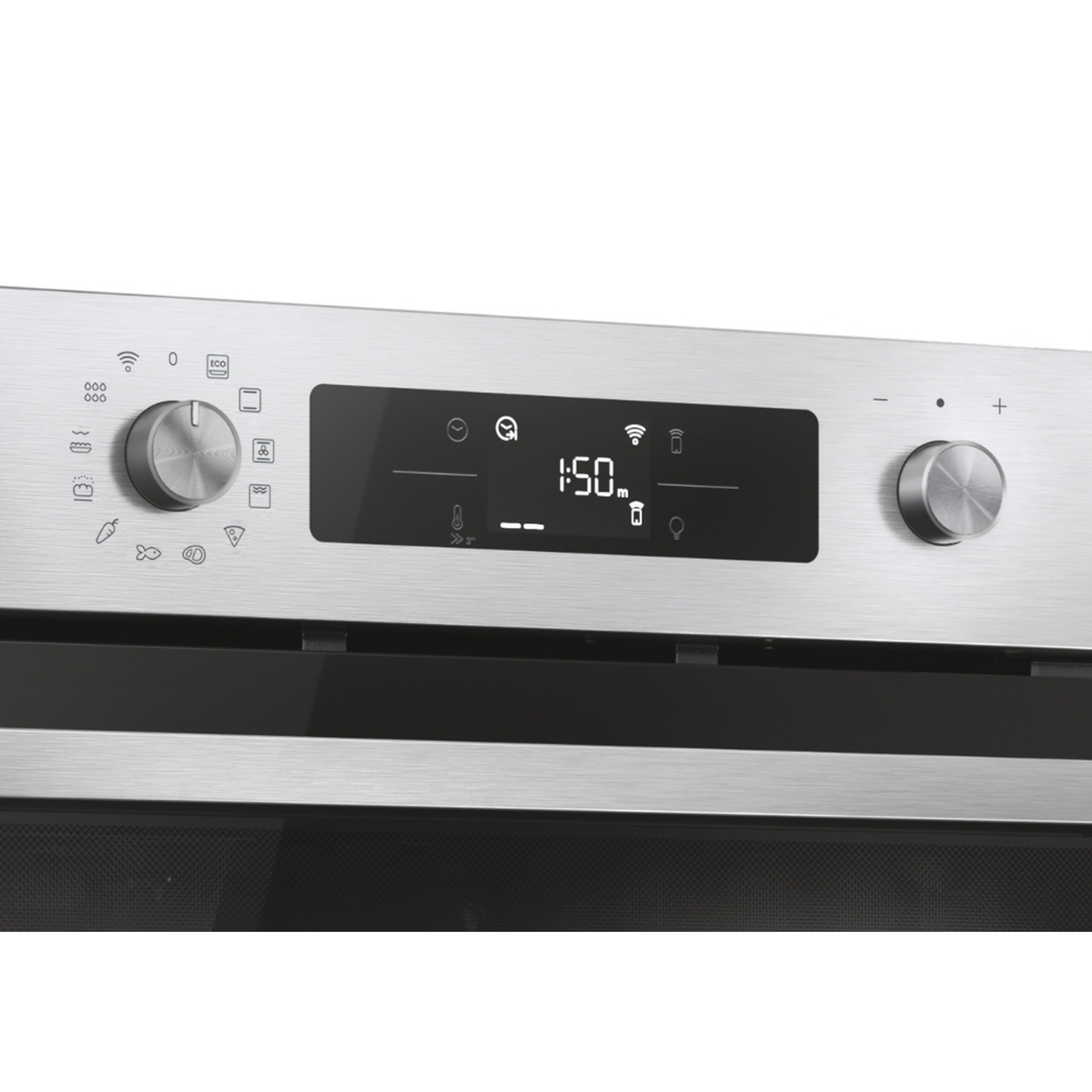 Pannello di controllo forno in acciaio inox con display digitale che mostra 1:50.