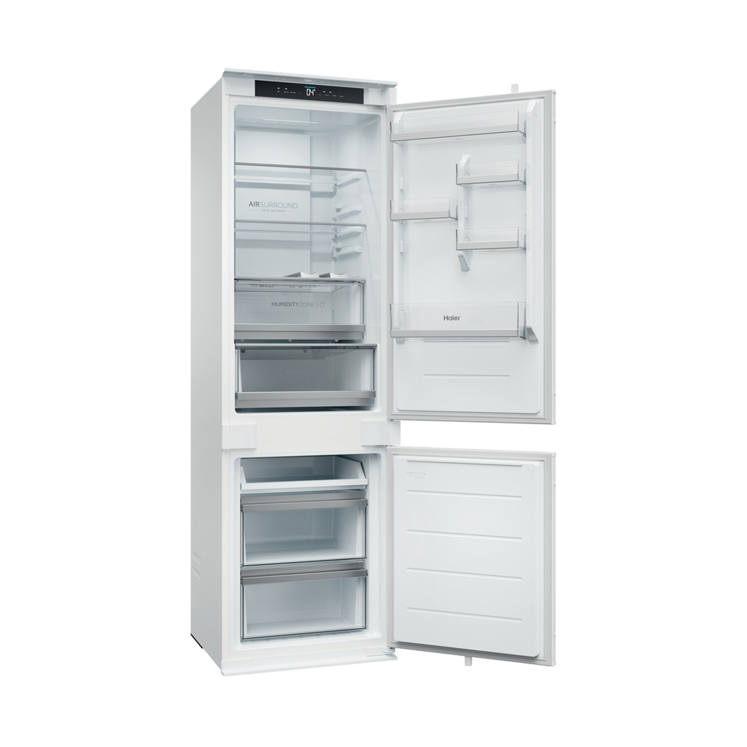 Un frigorifero bianco con la porta aperta, che mostra l'interno.