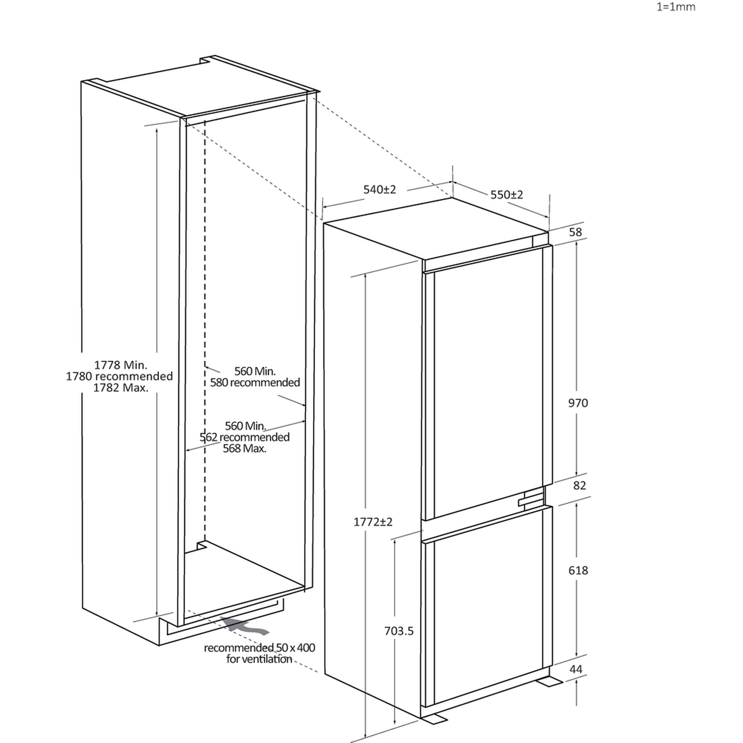 Disegno tecnico di un frigorifero con dimensioni e raccomandazioni di ventilazione.