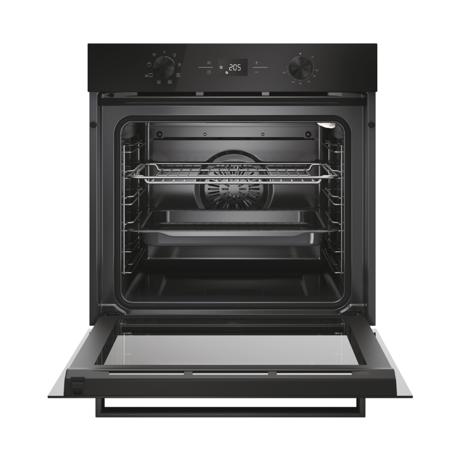 Un forno da incasso nero con porta aperta, che mostra l'interno con una griglia.