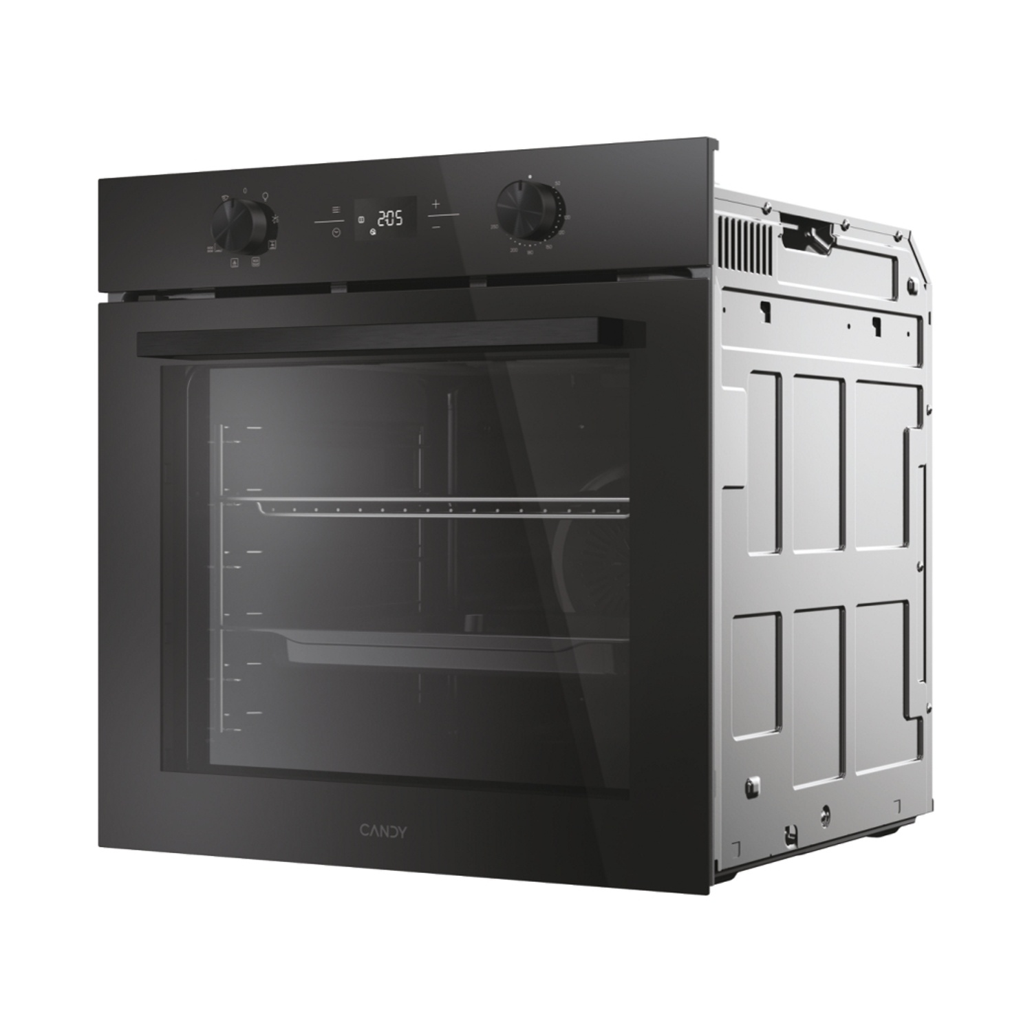 Un forno da incasso nero con display digitale e manopole rotanti.