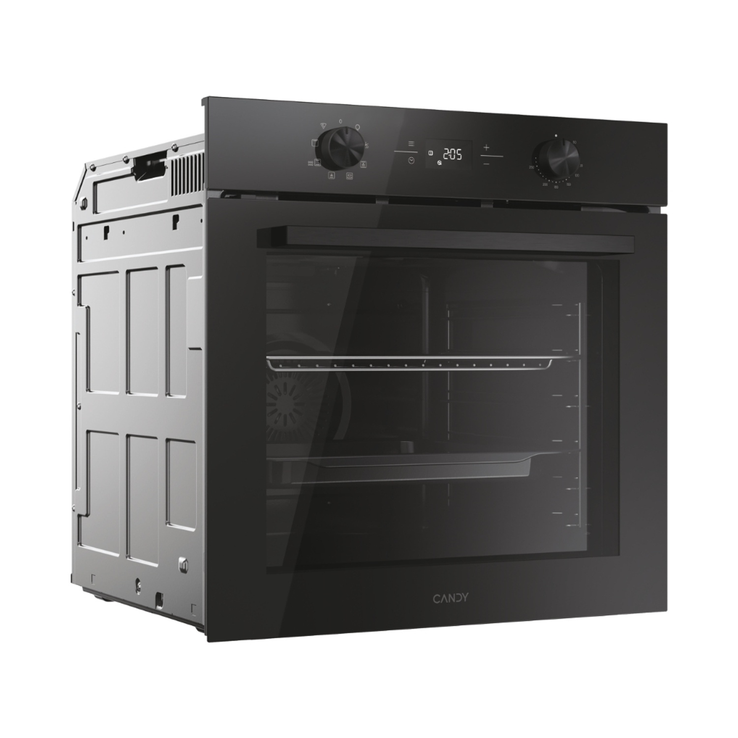 Un forno da incasso nero con porta in vetro e display digitale.
