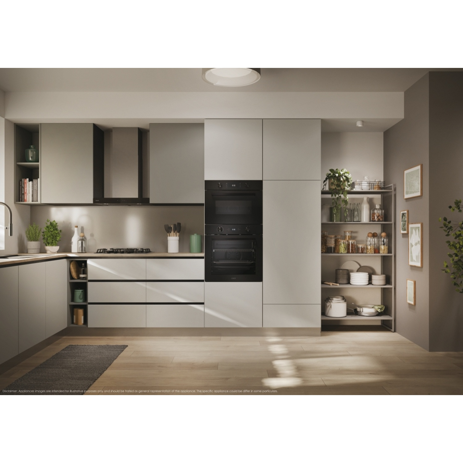 Cucina moderna con mobili grigi, fornelli, forno e scaffali.