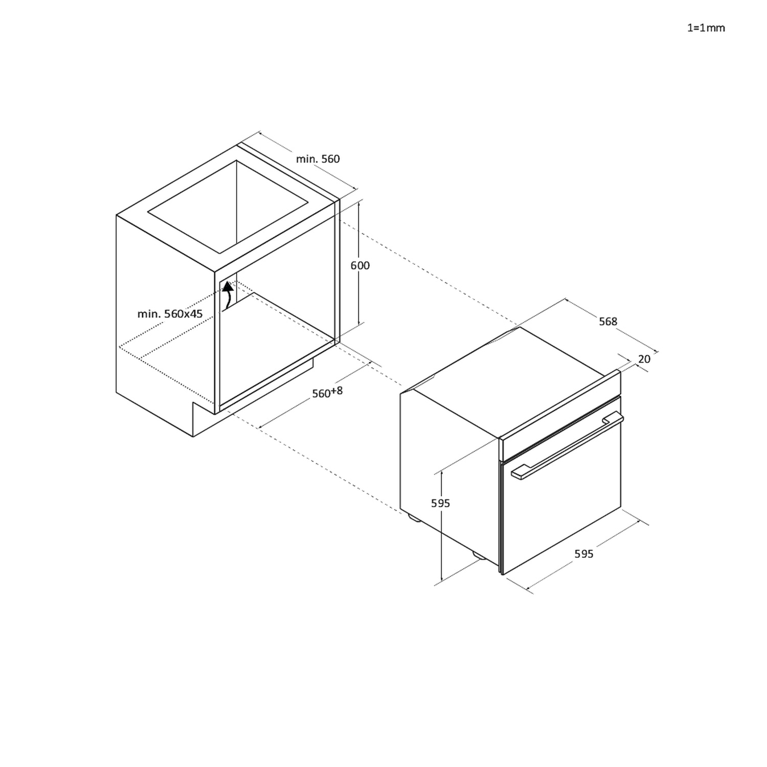 Disegno tecnico di un elettrodomestico da incasso con dimensioni.