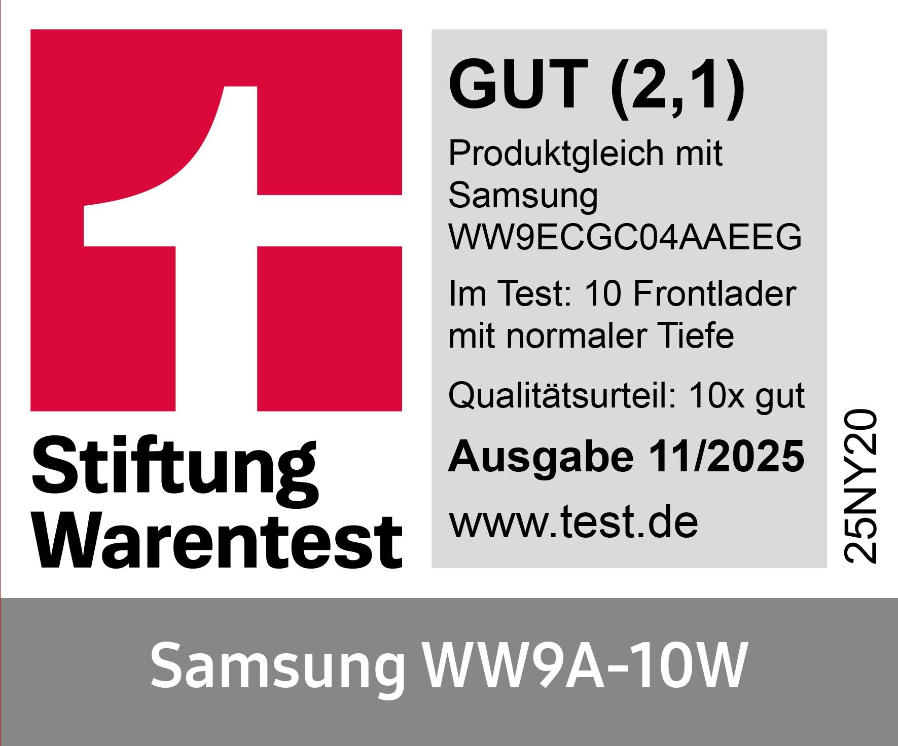 Stiftung Warentest Siegel: GUT (2,1) für Samsung WW9A-10W Waschmaschine.