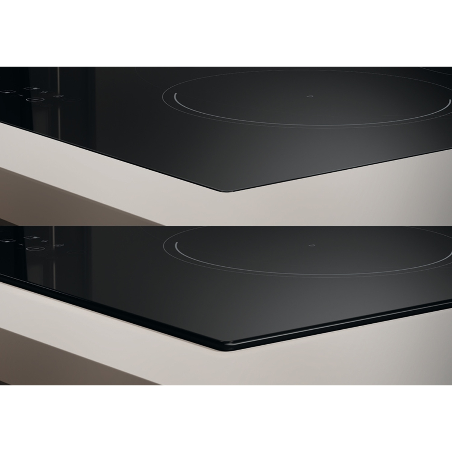 Un piano cottura in vetroceramica nero con comandi touch e zone cottura.
