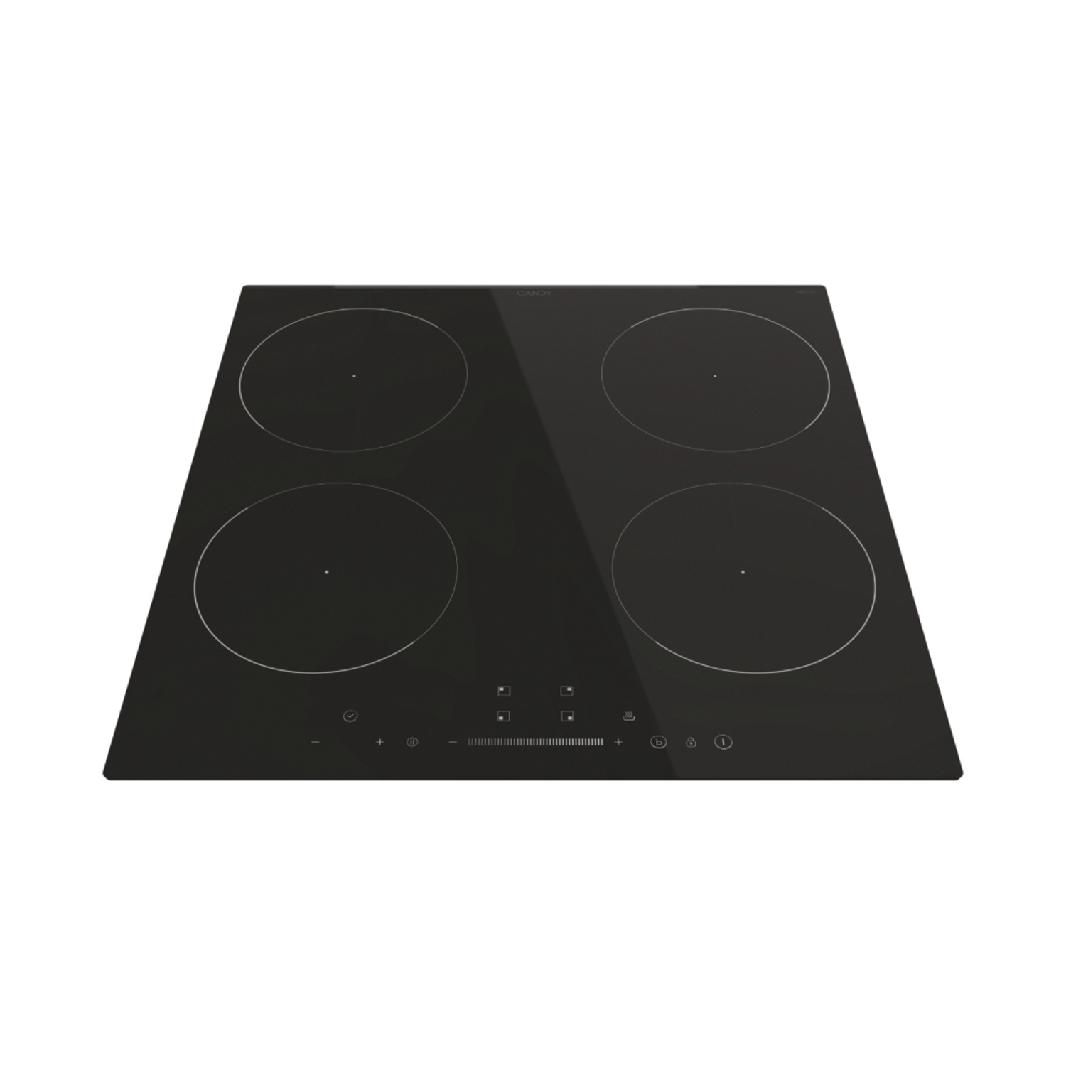 Piano cottura in vetroceramica nero con quattro zone cottura e comandi touch.