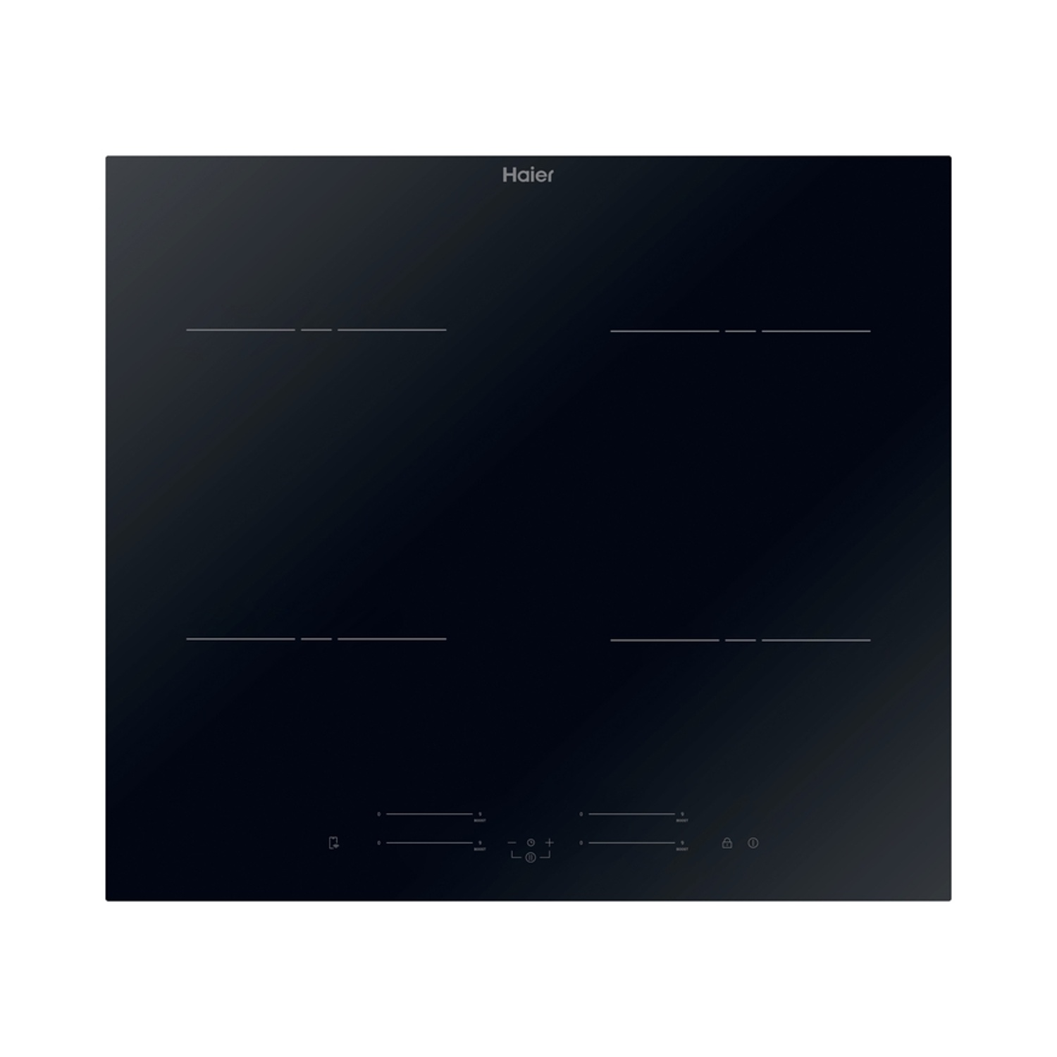 Piano cottura a induzione Haier nero con quattro zone e comandi touch.