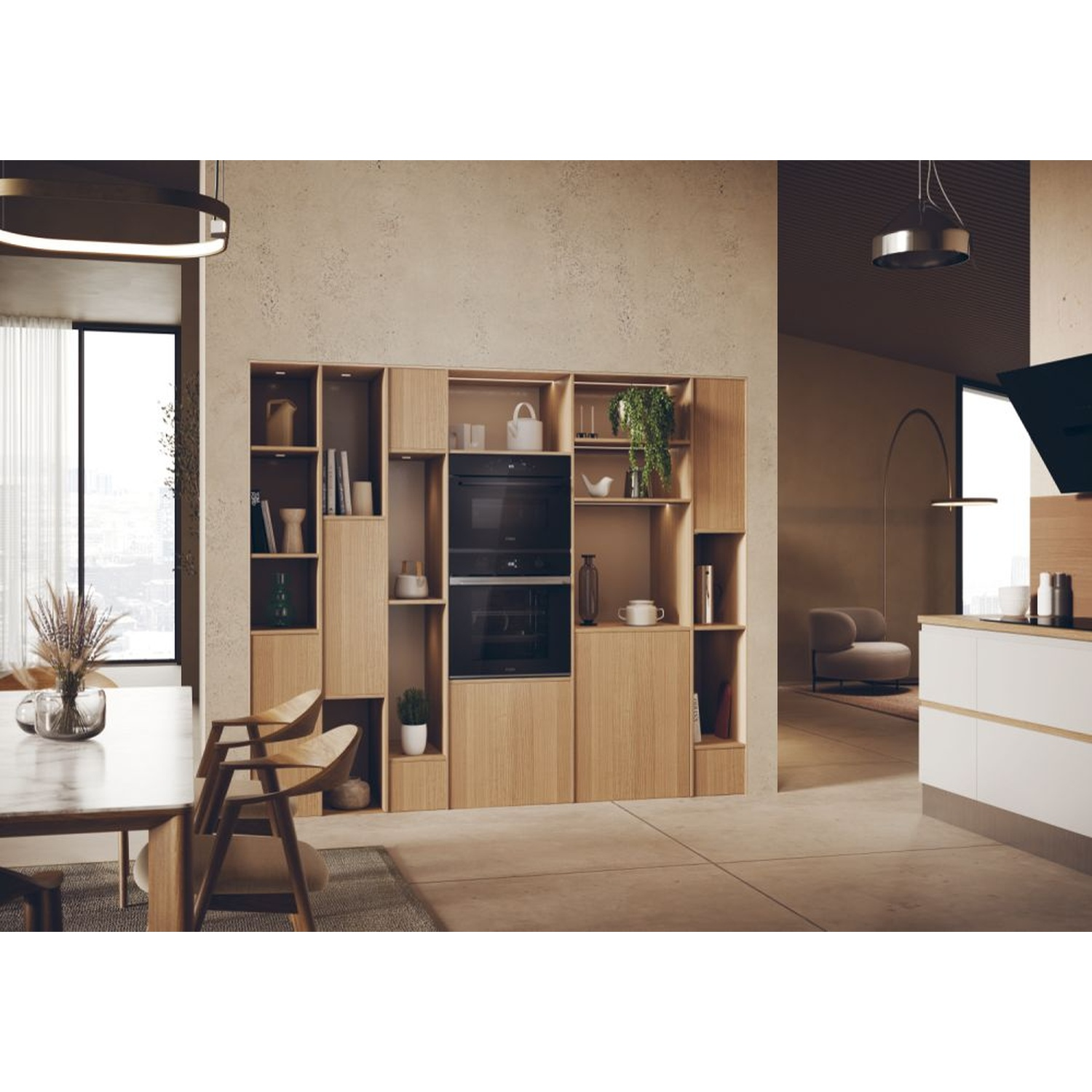 Cucina moderna con elementi in legno, elettrodomestici integrati e zona pranzo.
