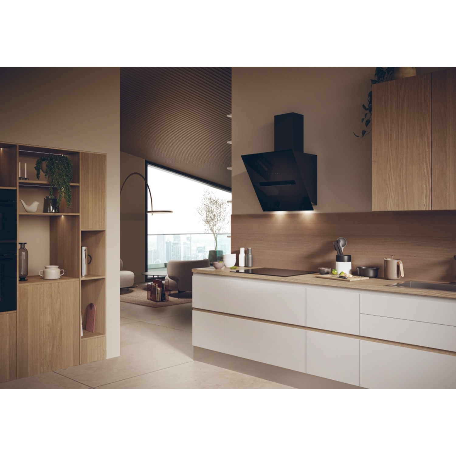 Cucina moderna con mobili bianchi, accenti in legno, cappa e piano cottura neri.