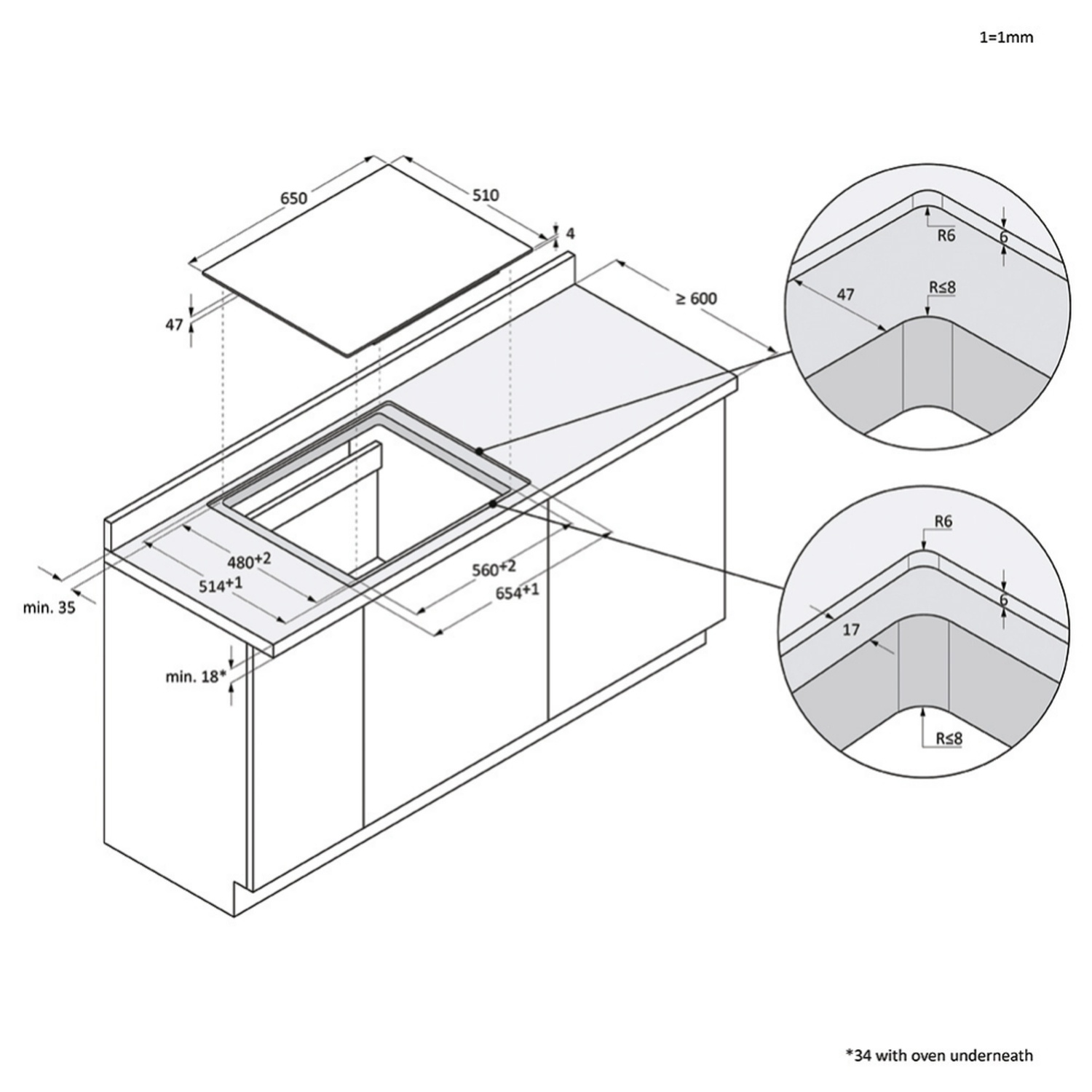 Disegno installazione cucina con dimensioni piano cottura e mobile.