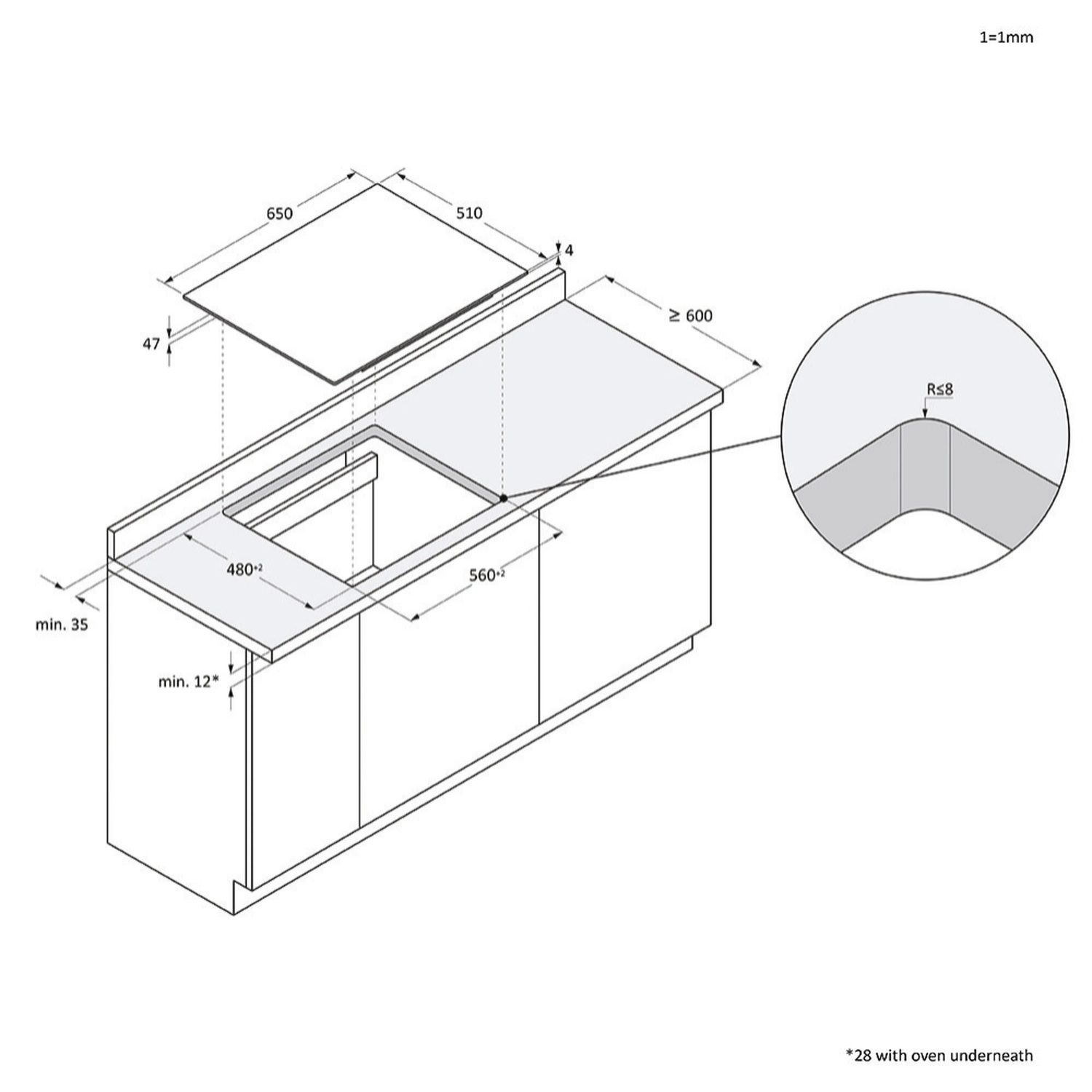 Disegno tecnico: Elettrodomestico da incasso con dimensioni.