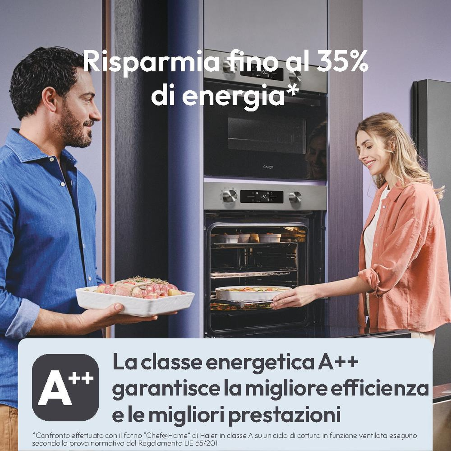 Uomo e donna davanti a un forno. Uomo tiene piatto, donna lo inserisce dentro.