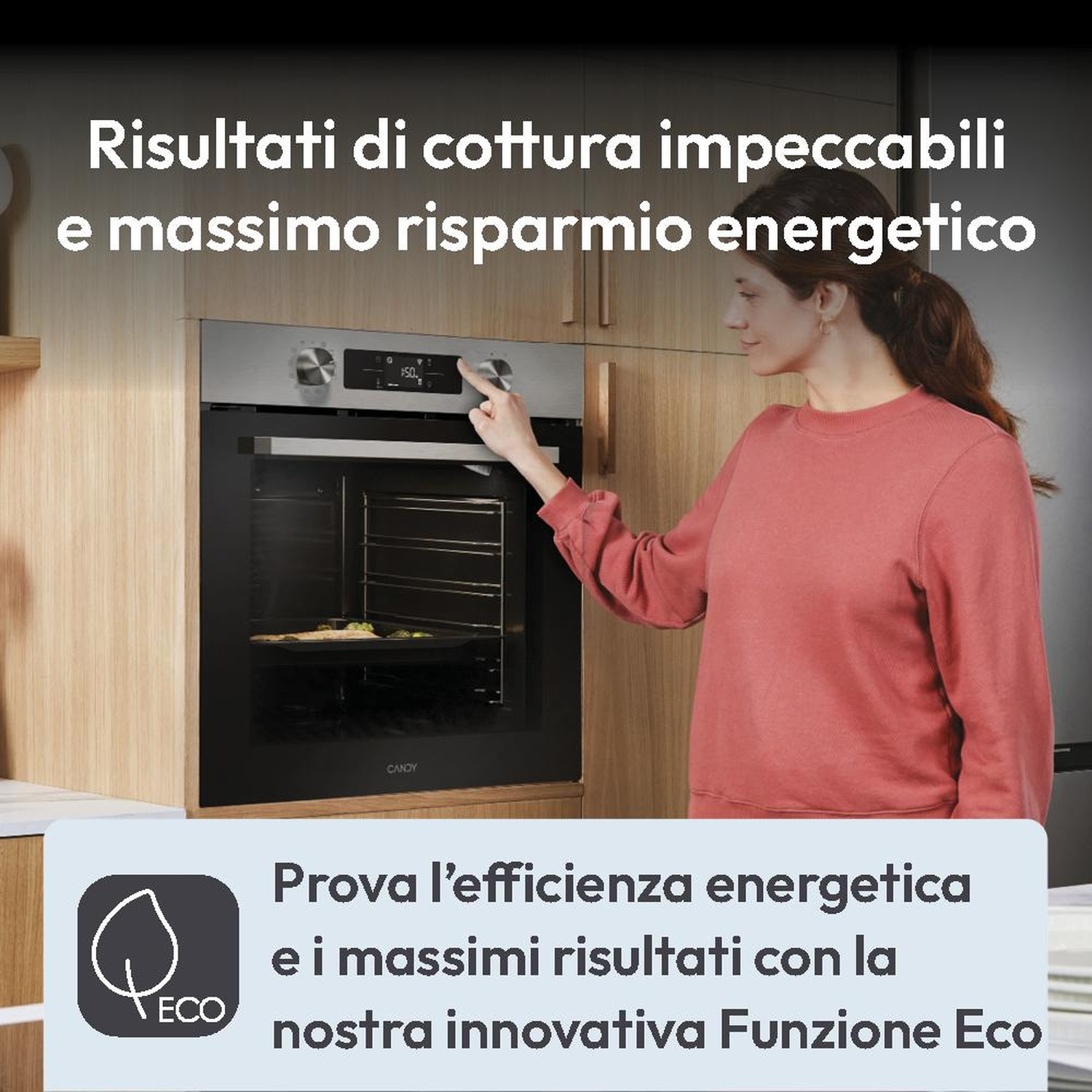 Una donna regola un forno, puntando a efficienza energetica e risultati di cottura perfetti.