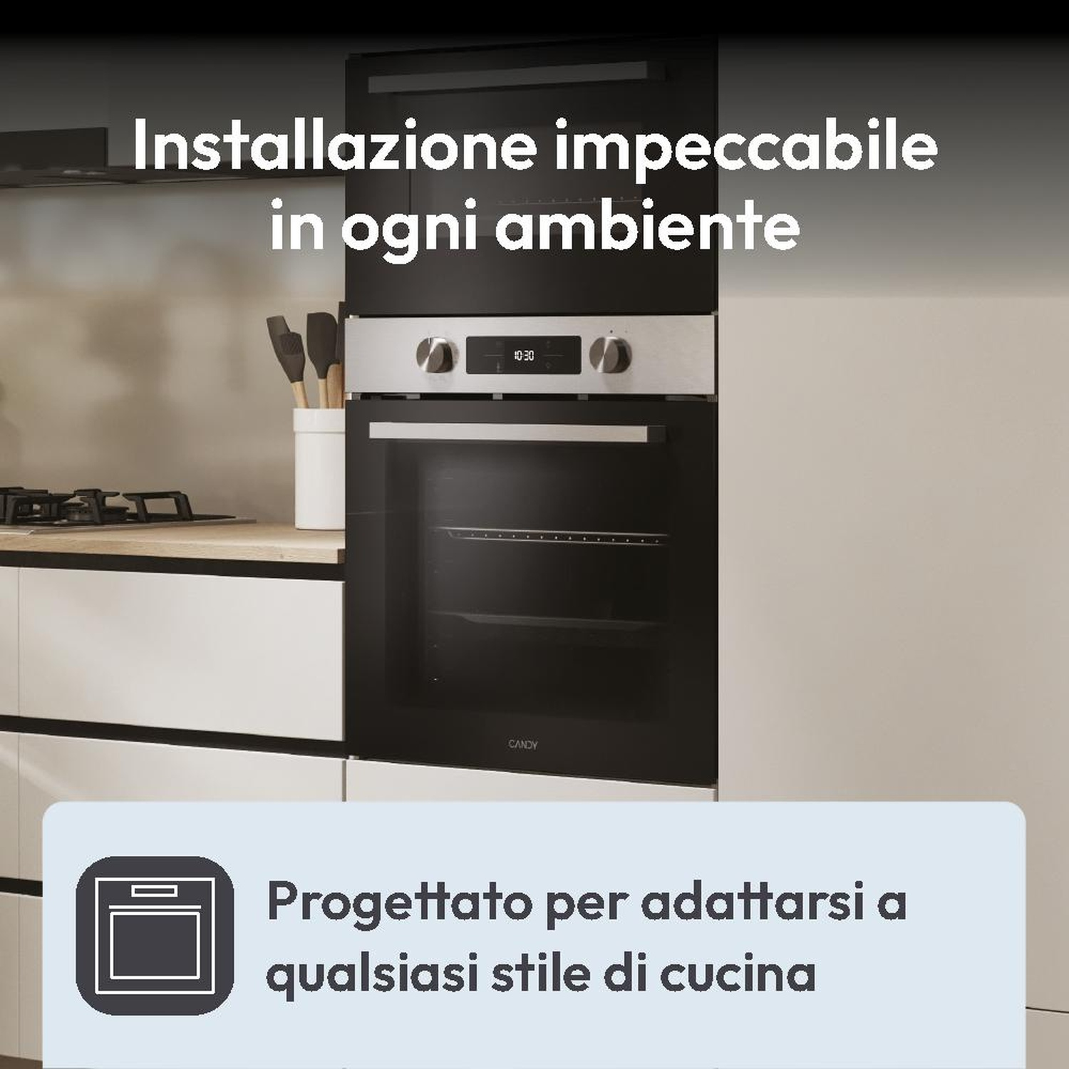 Un forno da incasso moderno in una cucina elegante. Ora: 10:30.